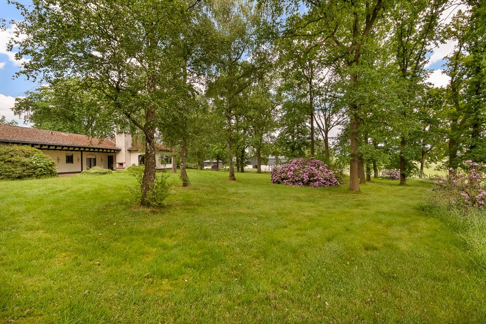 Großer Garten mit Bäumen, blühenden Büschen und einem Wohnhaus im Hintergrund.