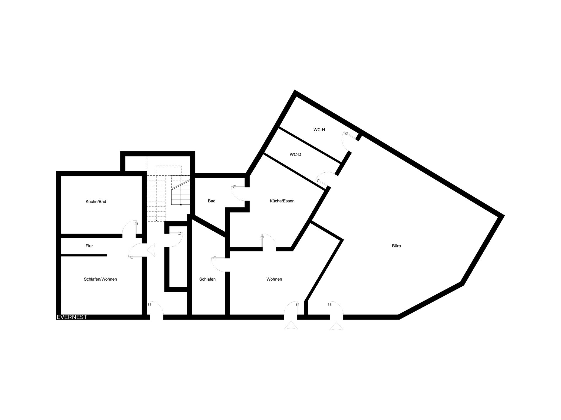 Grundriss einer Wohnung mit mehreren Zimmern, Küche, Bad und Bürobereich.