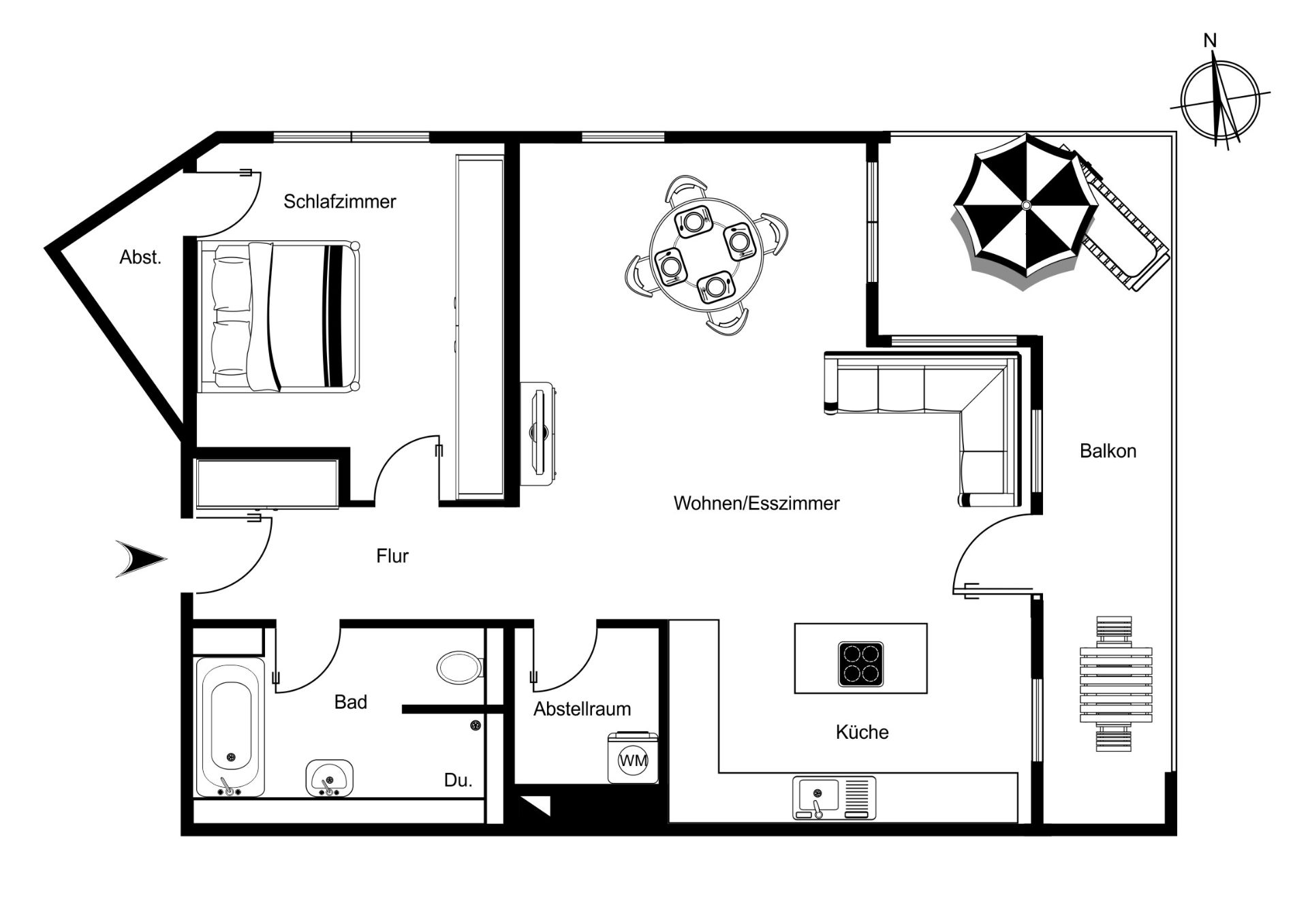 Grundriss einer Wohnung mit Schlafzimmer, Bad, Küche, Wohnzimmer und Balkon.
