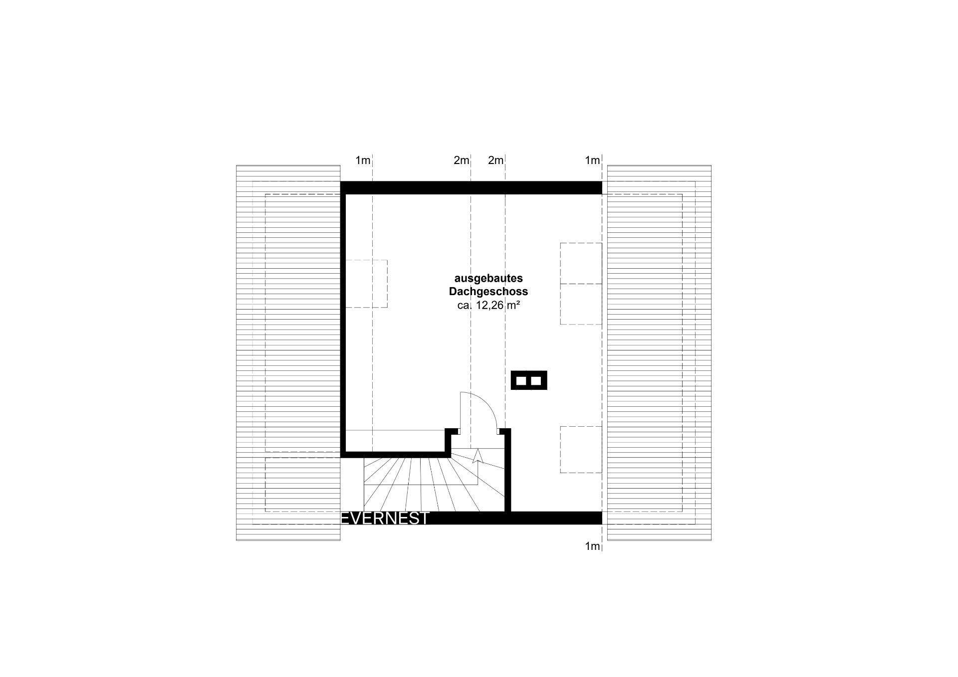 Grundriss eines ausgebauten Dachgeschosses mit Treppenaufgang, etwa 12,26 m² groß.