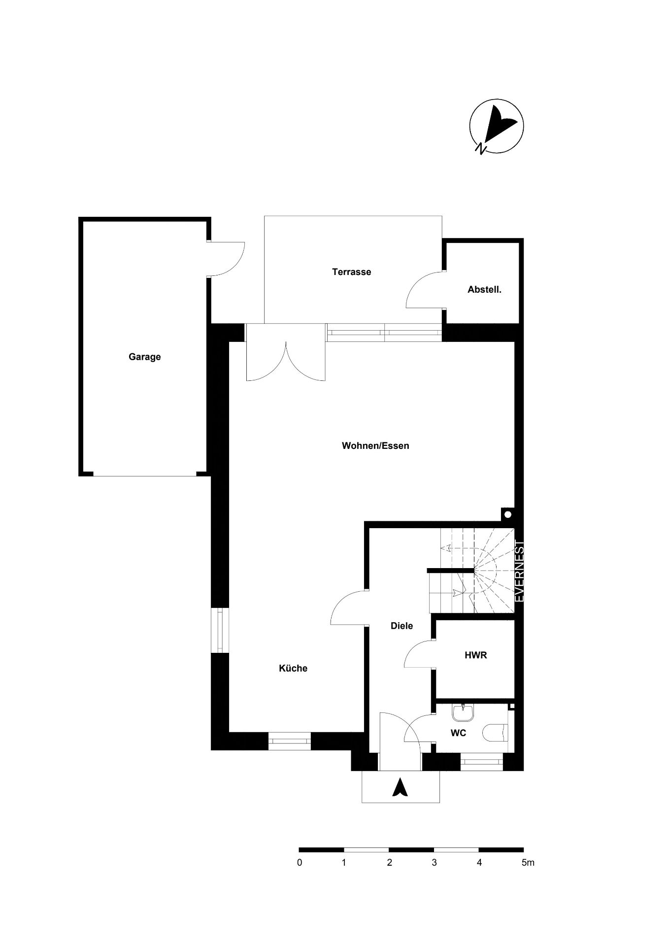 Grundriss mit Garage, Terrasse, Abstellraum, Wohnen/Essen, Küche, Diele, Hauswirtschaftsraum und WC.