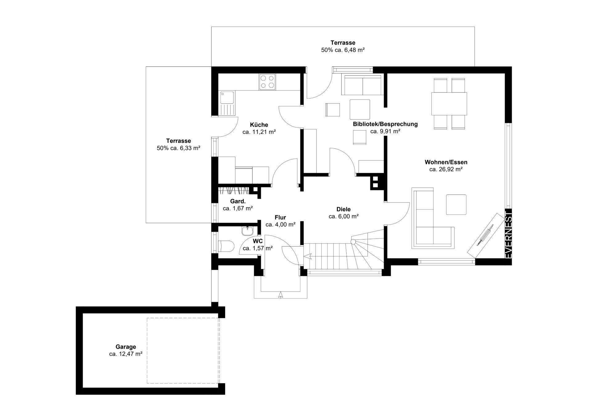 Grundriss eines Wohnhauses mit Küche, Wohnzimmer, Bibliothek, WC, Flur und Garage.