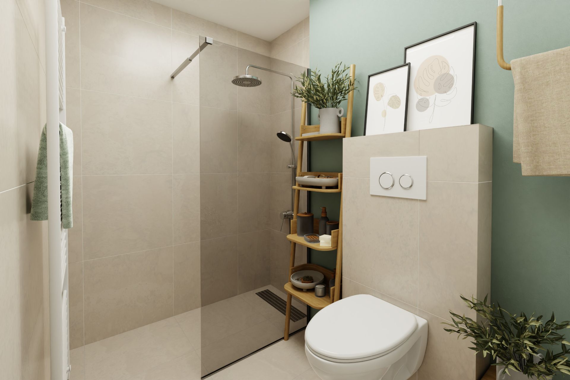 Modernes Badezimmer mit Dusche, WC, Regal mit Pflanzen und Bildern an grüner Wand.