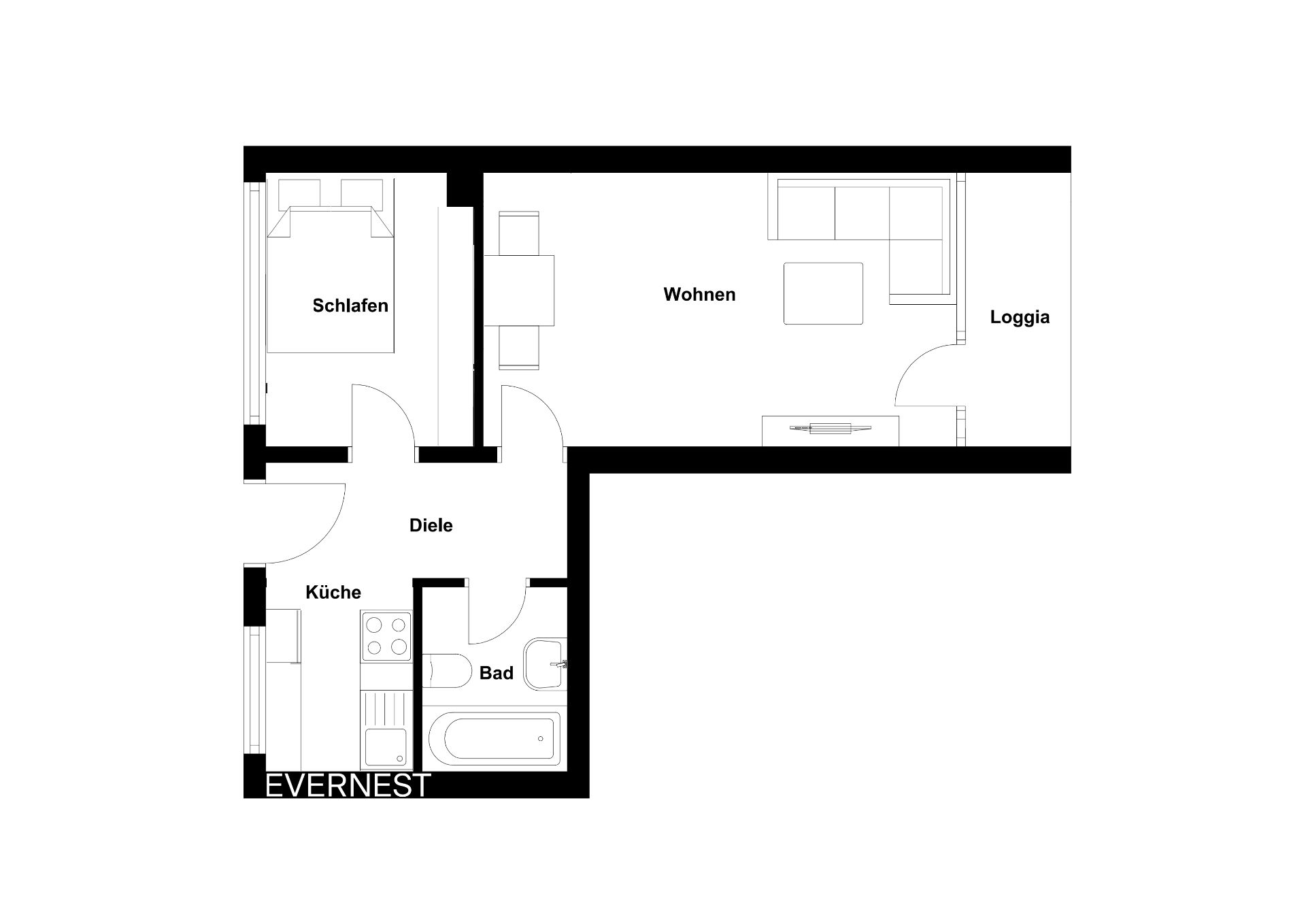 Grundriss einer Wohnung mit Schlaf-, Wohn-, Küchen-, Badbereich und Loggia.
