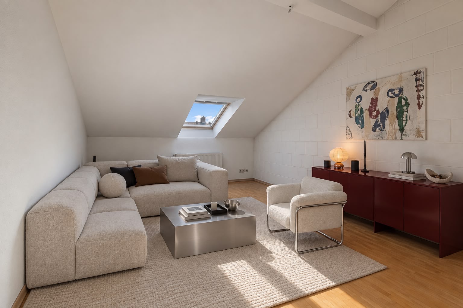 Modernes Wohnzimmer mit hellem Sofa, Sessel, Couchtisch und Dachfenster.