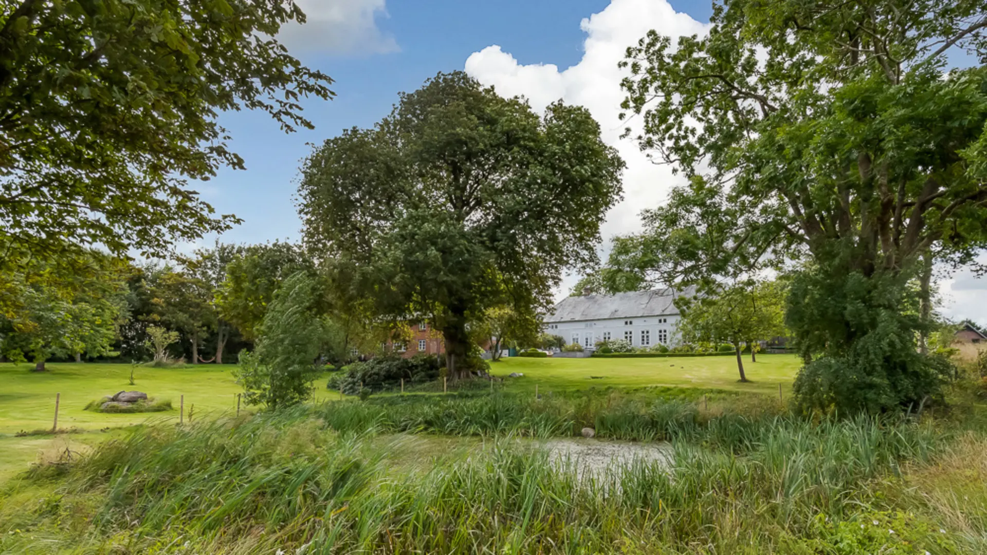 Großer Garten mit Teich, vielen Bäumen und einem weißen Wohnhaus im Hintergrund.