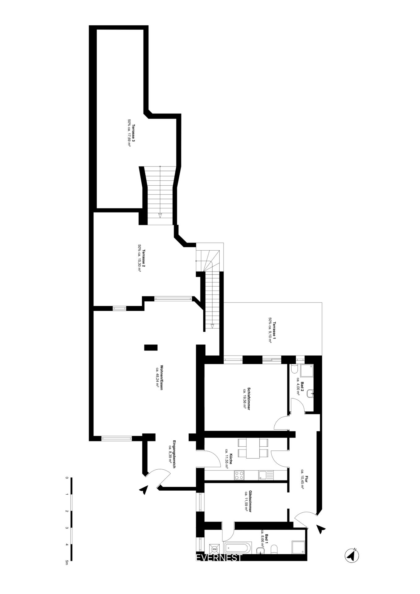 Grundriss einer Wohnung mit mehreren Zimmern, Küche, Bad und Flur.