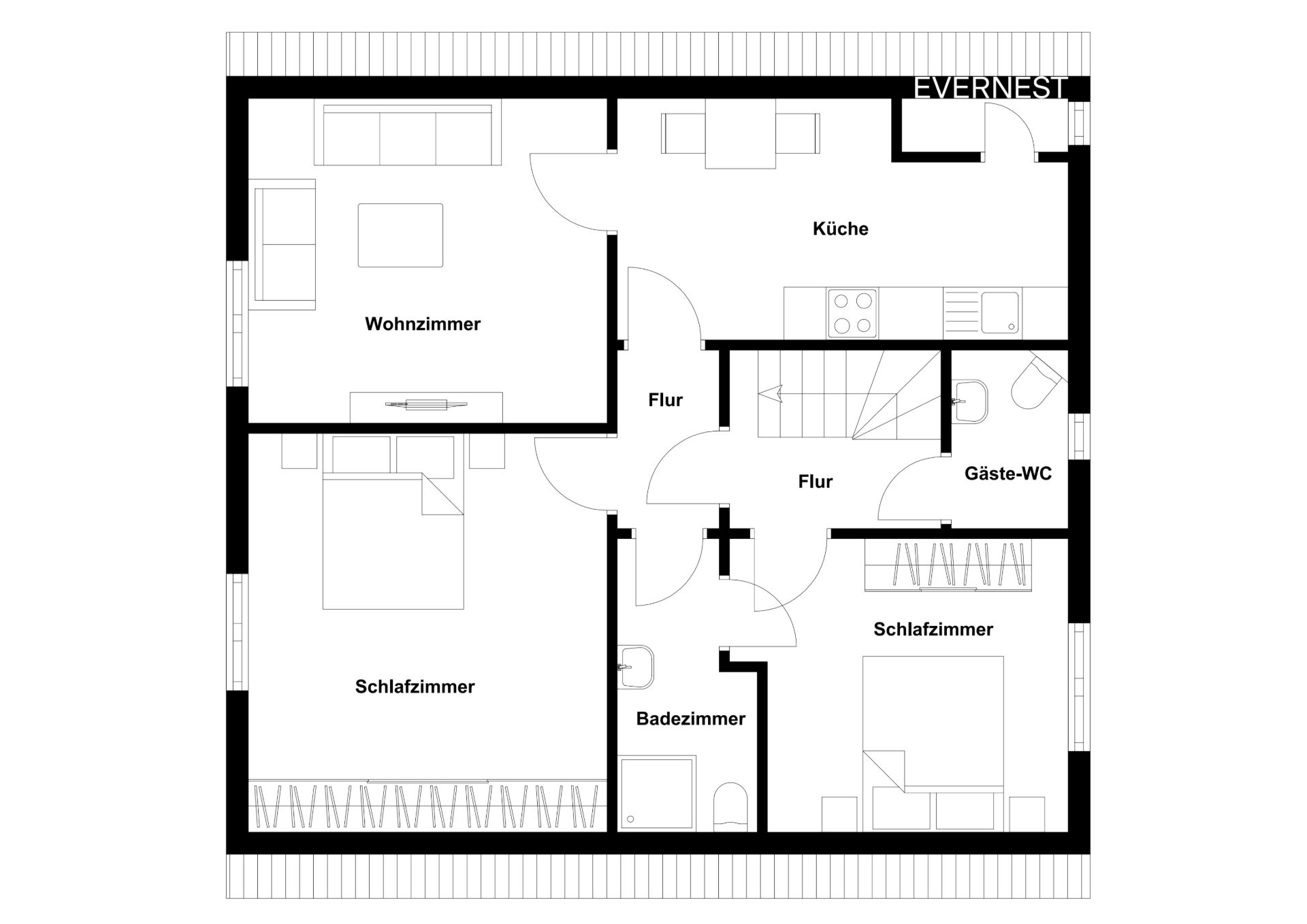 Grundriss einer Wohnung mit Wohnzimmer, Küche, Bad, Gäste-WC und zwei Schlafzimmern.