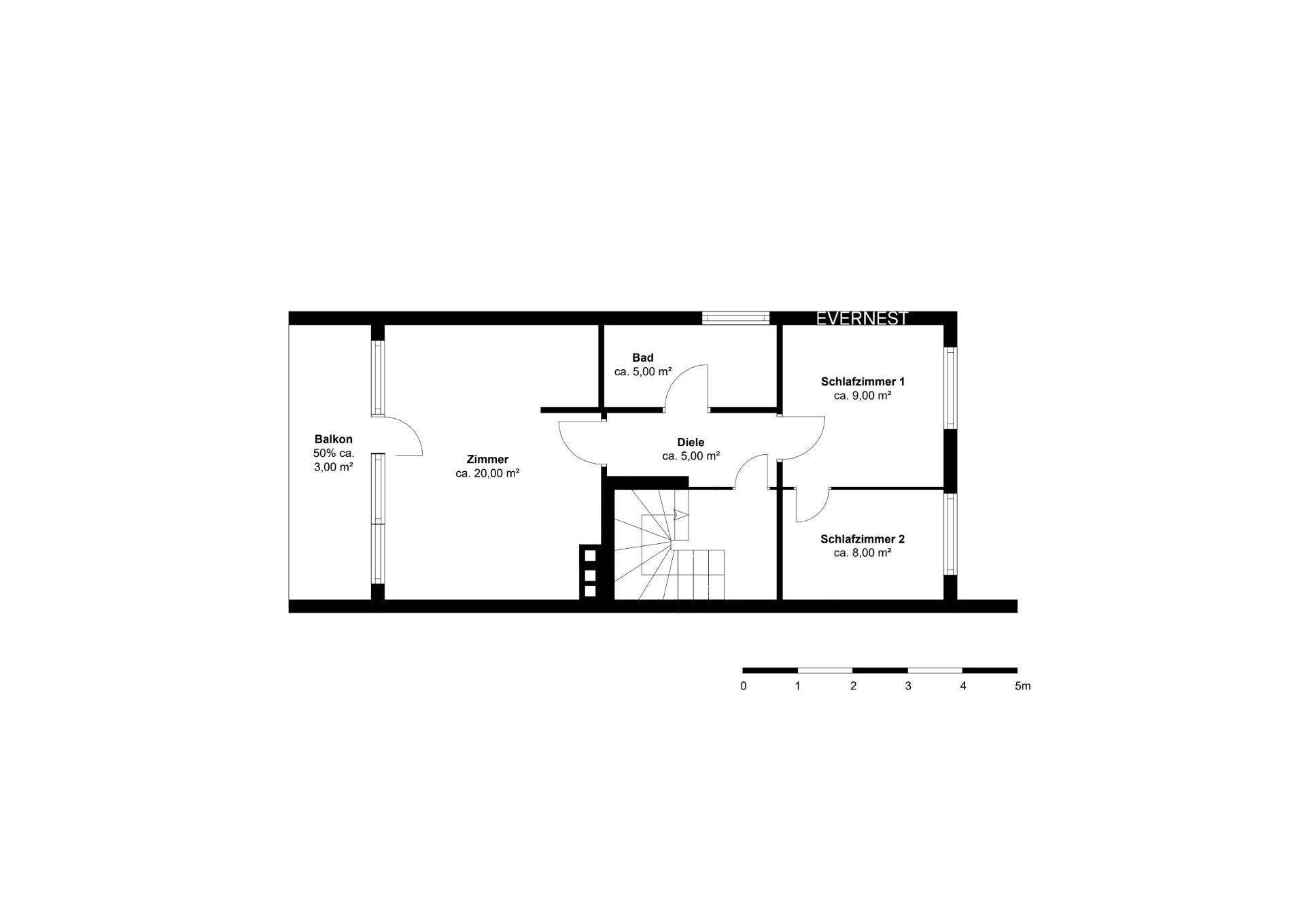 Grundriss mit zwei Schlafzimmern, einem Bad, einem Zimmer, Diele und Balkon.