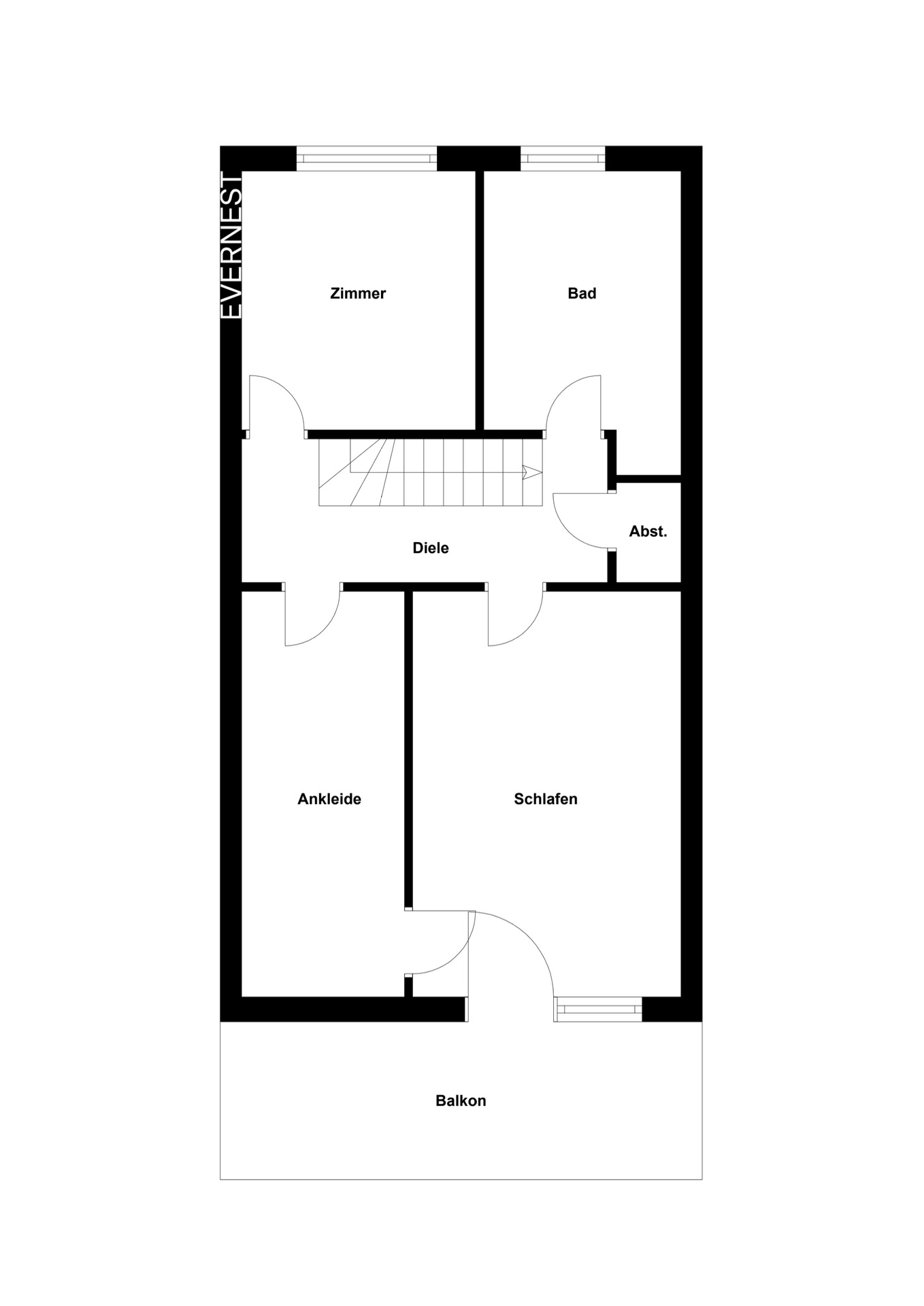 Grundriss mit Zimmer, Bad, Abstellraum, Ankleide, Schlafzimmer, Balkon und Diele.
