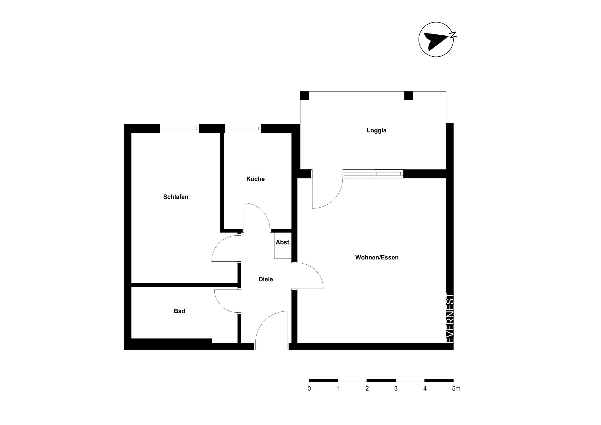 Wohnungsgrundriss mit Schlaf-, Wohn-/Esszimmer, Küche, Bad, Loggia und Diele.
