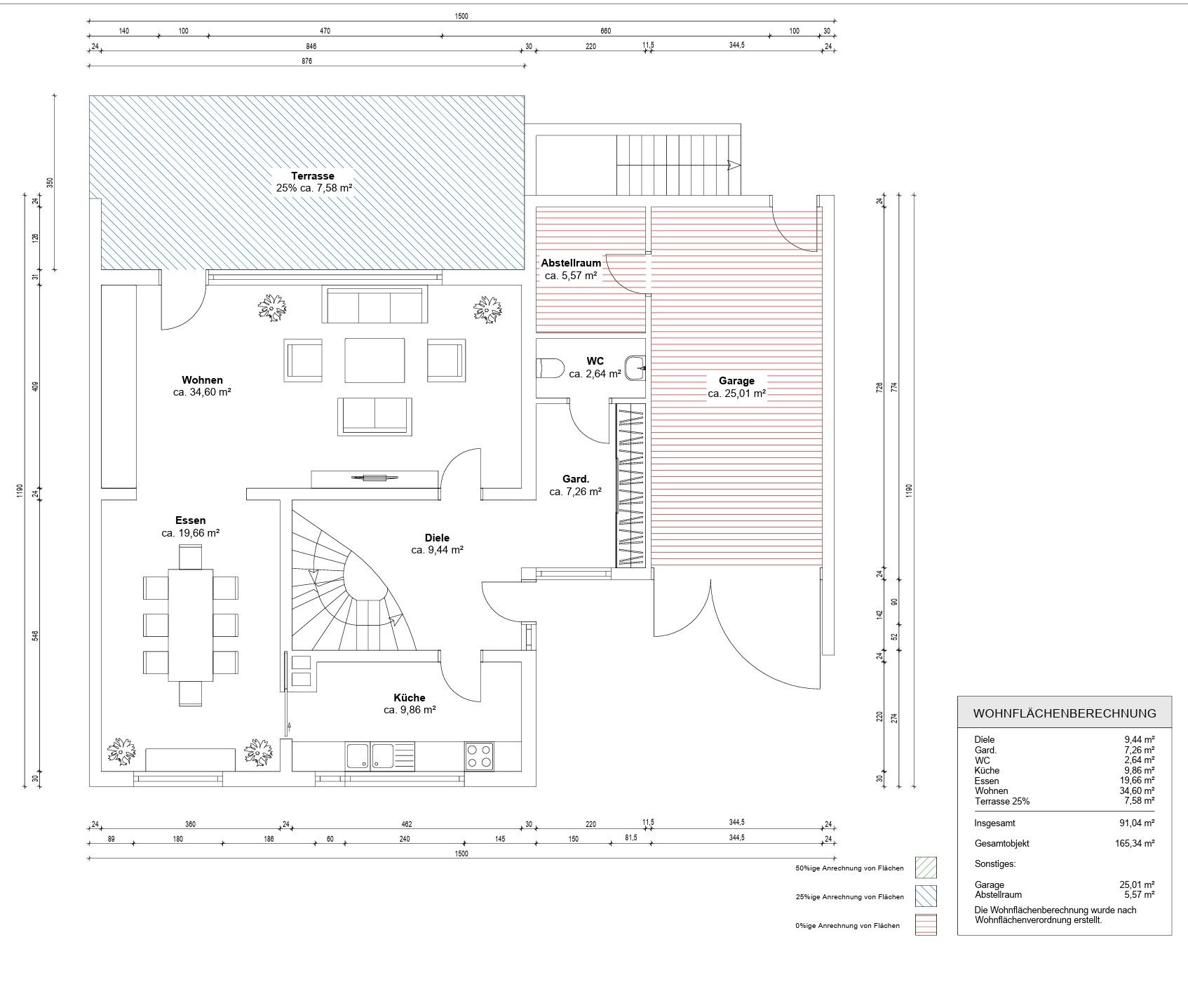 Grundriss eines Wohnhauses mit Terrasse, Wohnzimmer, Essbereich, Küche, Garage und weiteren Räumen.