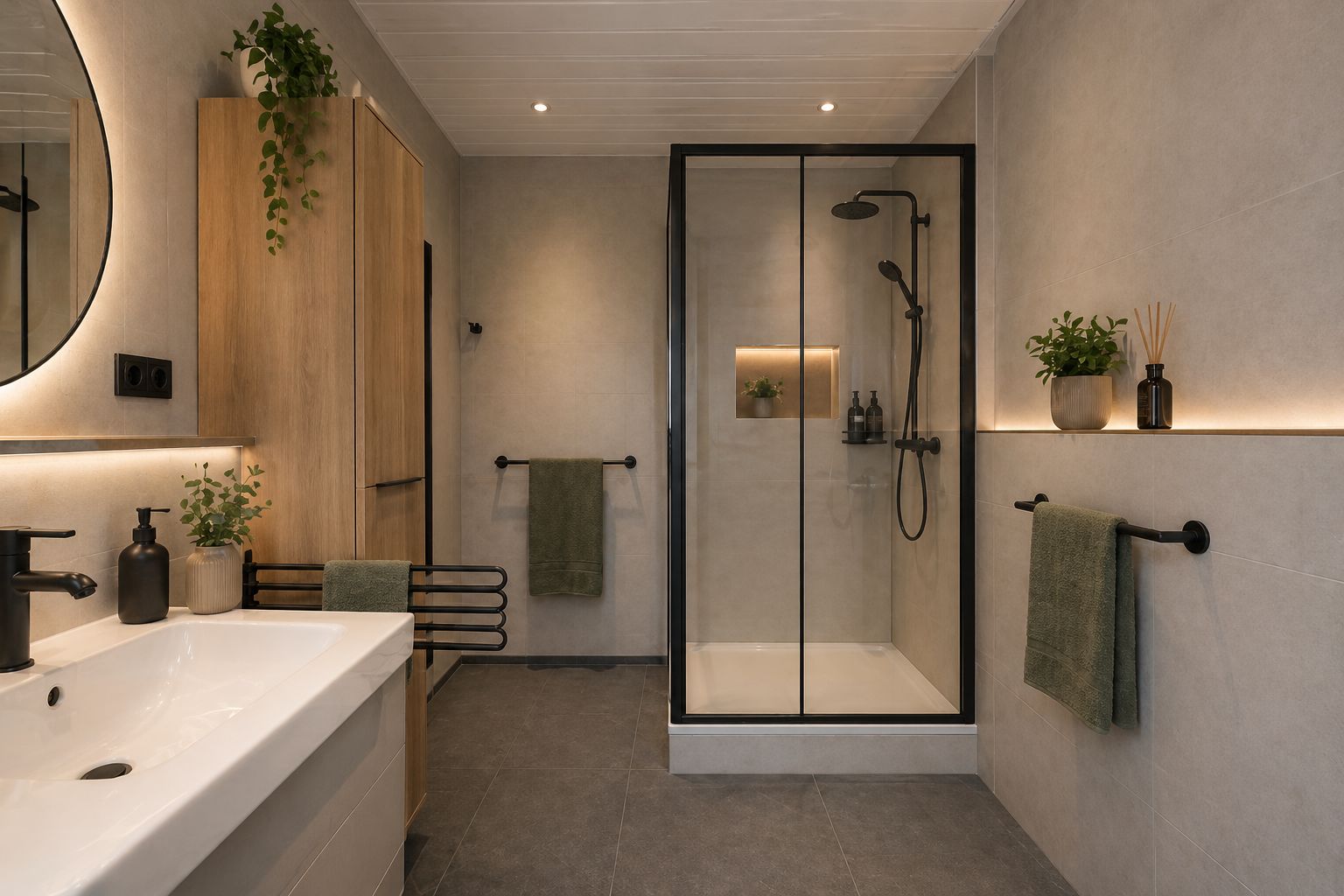 Modernes Badezimmer mit großer Dusche, Waschbecken und grünen Handtüchern an Handtuchhaltern.