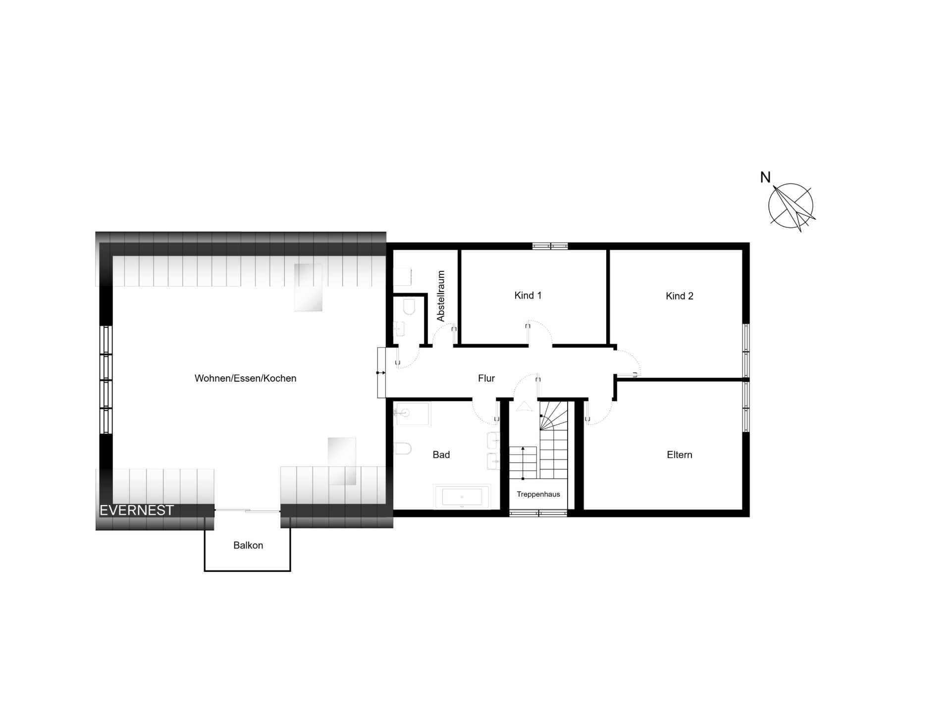 Grundriss einer Wohnung mit Wohnbereich, Küche, Bad, Balkon und drei Schlafzimmern.
