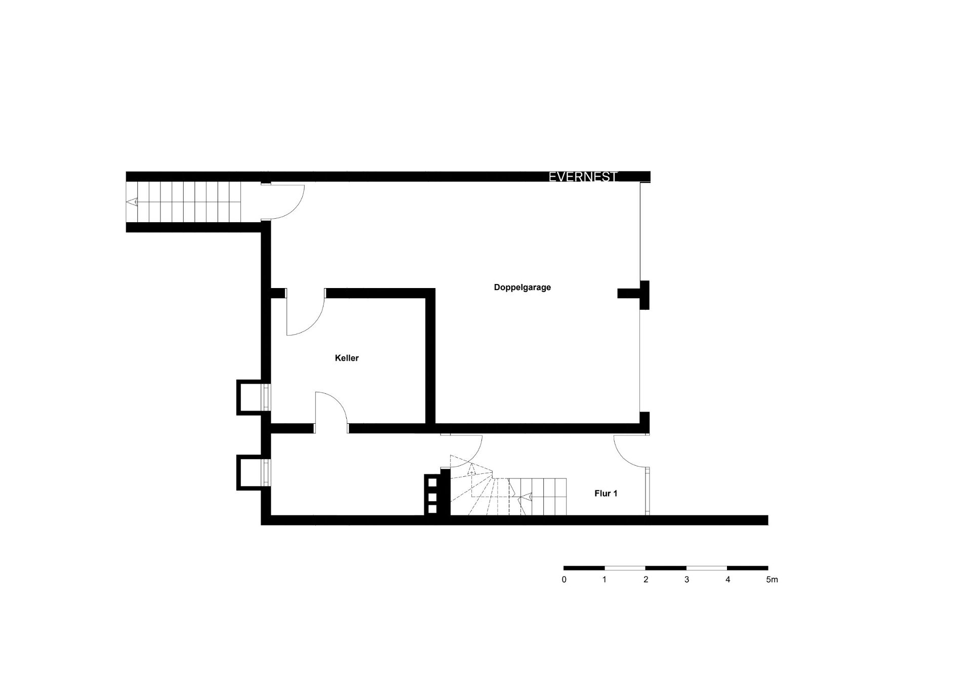 Grundriss mit Doppelgarage, Kellerraum und Flur, Treppe ist sichtbar.