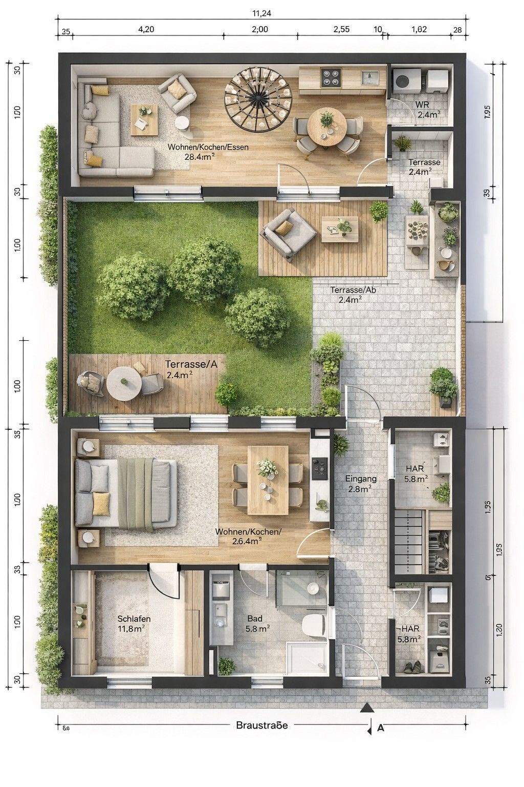 Grundriss eines Hauses mit Schlafzimmer, Bad, Wohnküche, Garten und Terrassen.