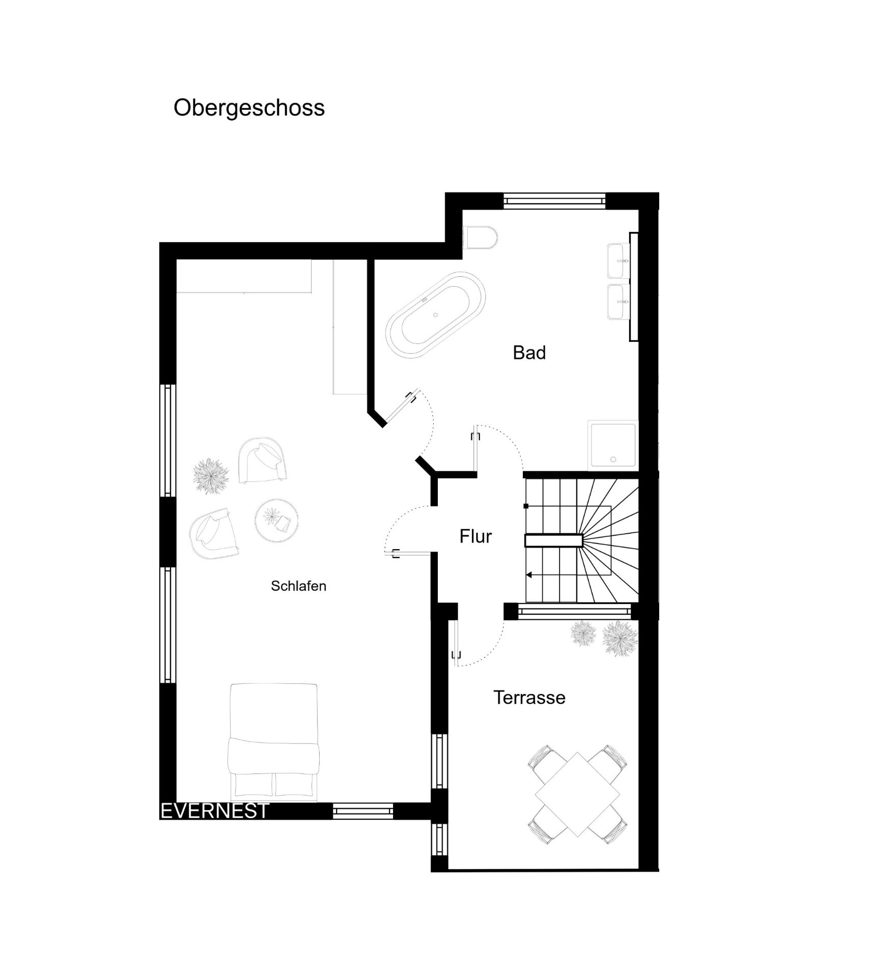 Grundriss des Obergeschosses mit Schlafraum, Bad, Flur und Terrasse.