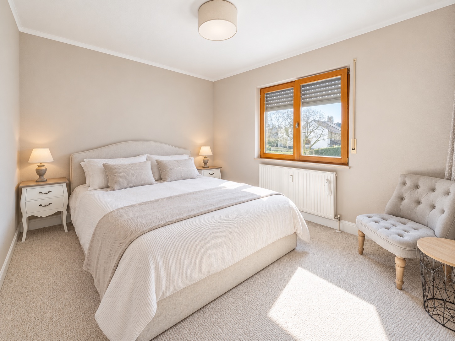 Helles Schlafzimmer mit Doppelbett, zwei Nachttischen, Sessel und Fenster.