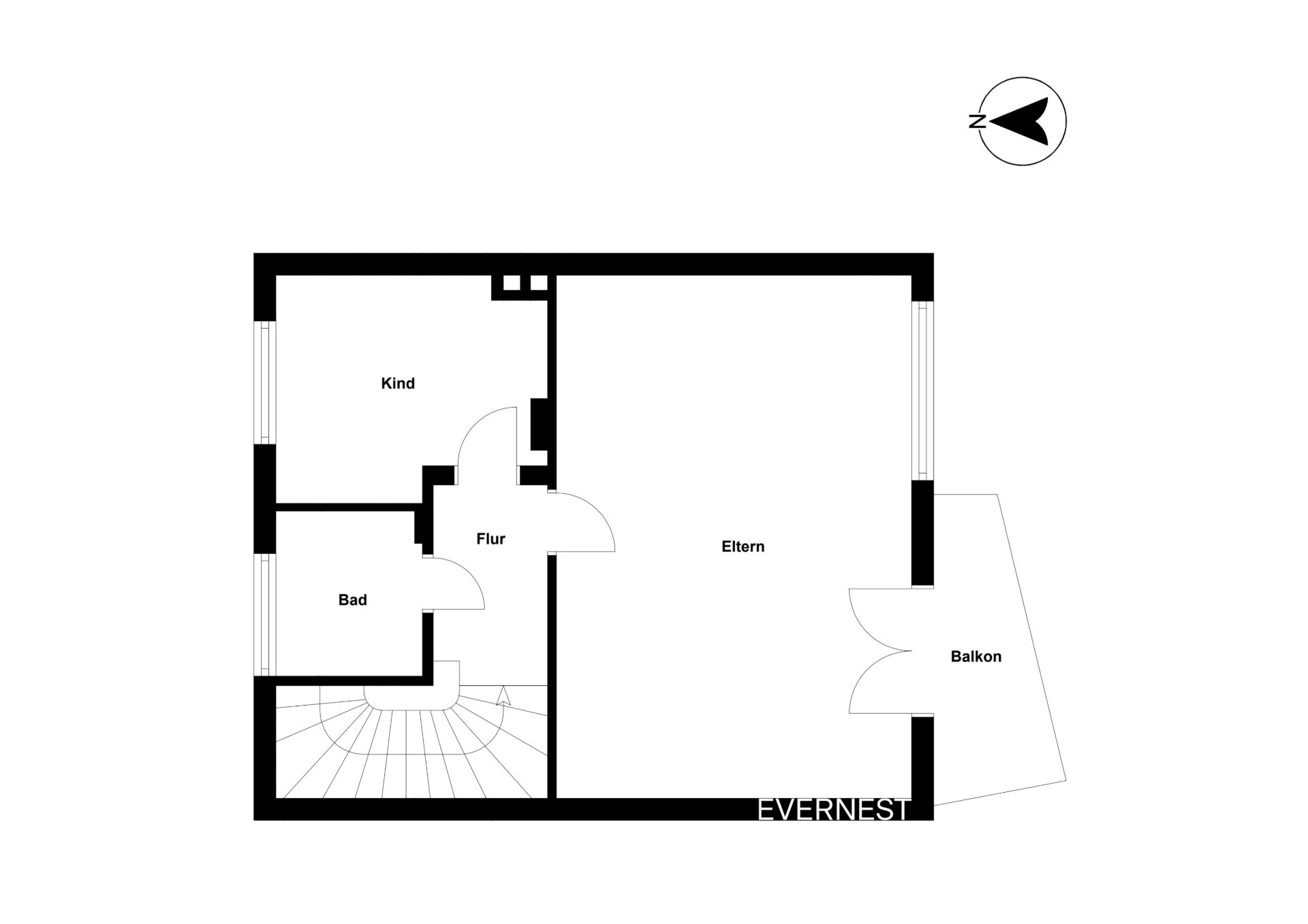 Grundriss mit Zimmern: Kind, Eltern, Bad, Flur und Balkon.