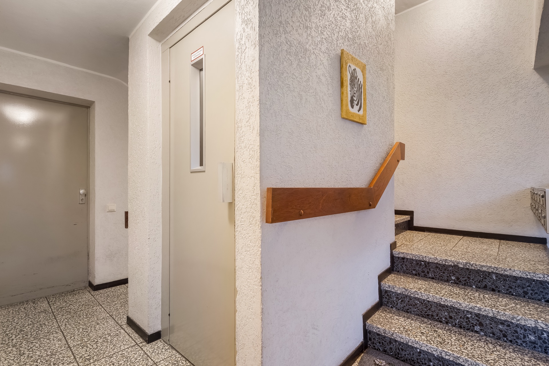 Treppenhaus mit Fahrstuhltür, Handlauf und einem kleinen Bild an der Wand.