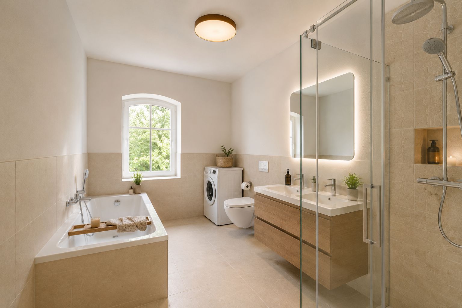 Modernes Badezimmer mit Badewanne, Dusche, Waschbecken, Waschmaschine und Fenster.