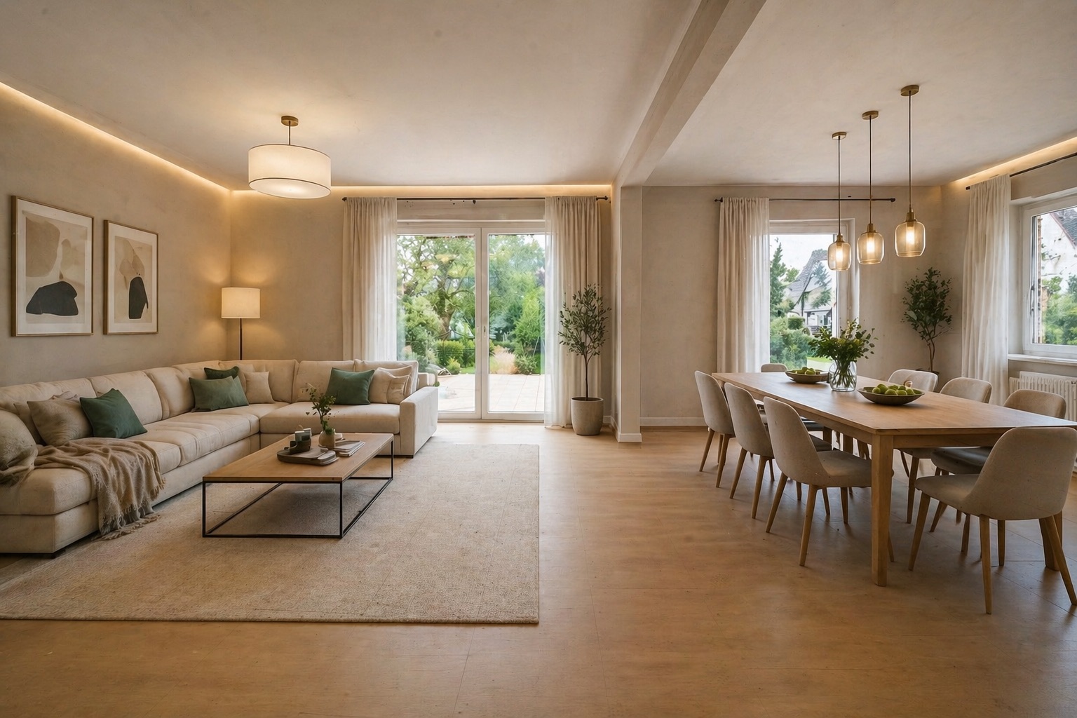 Helles Wohnzimmer mit Ecksofa, Teppich, Couchtisch und Essbereich mit Holztisch und Stühlen.