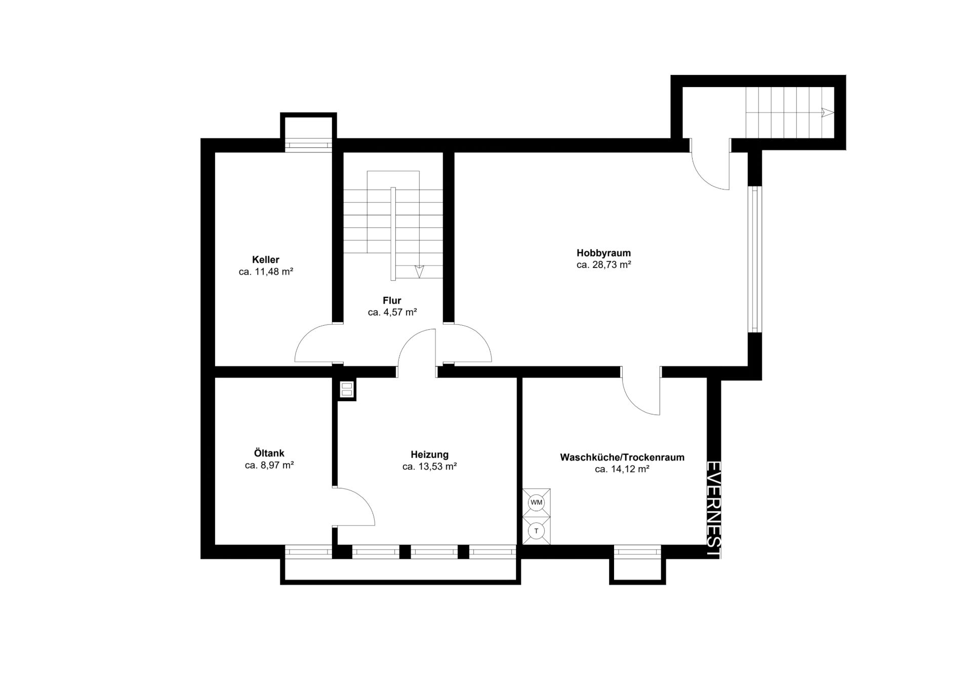Grundriss eines Kellers mit Hobbyraum, Waschraum, Heizungsraum, Öltank und Flur.