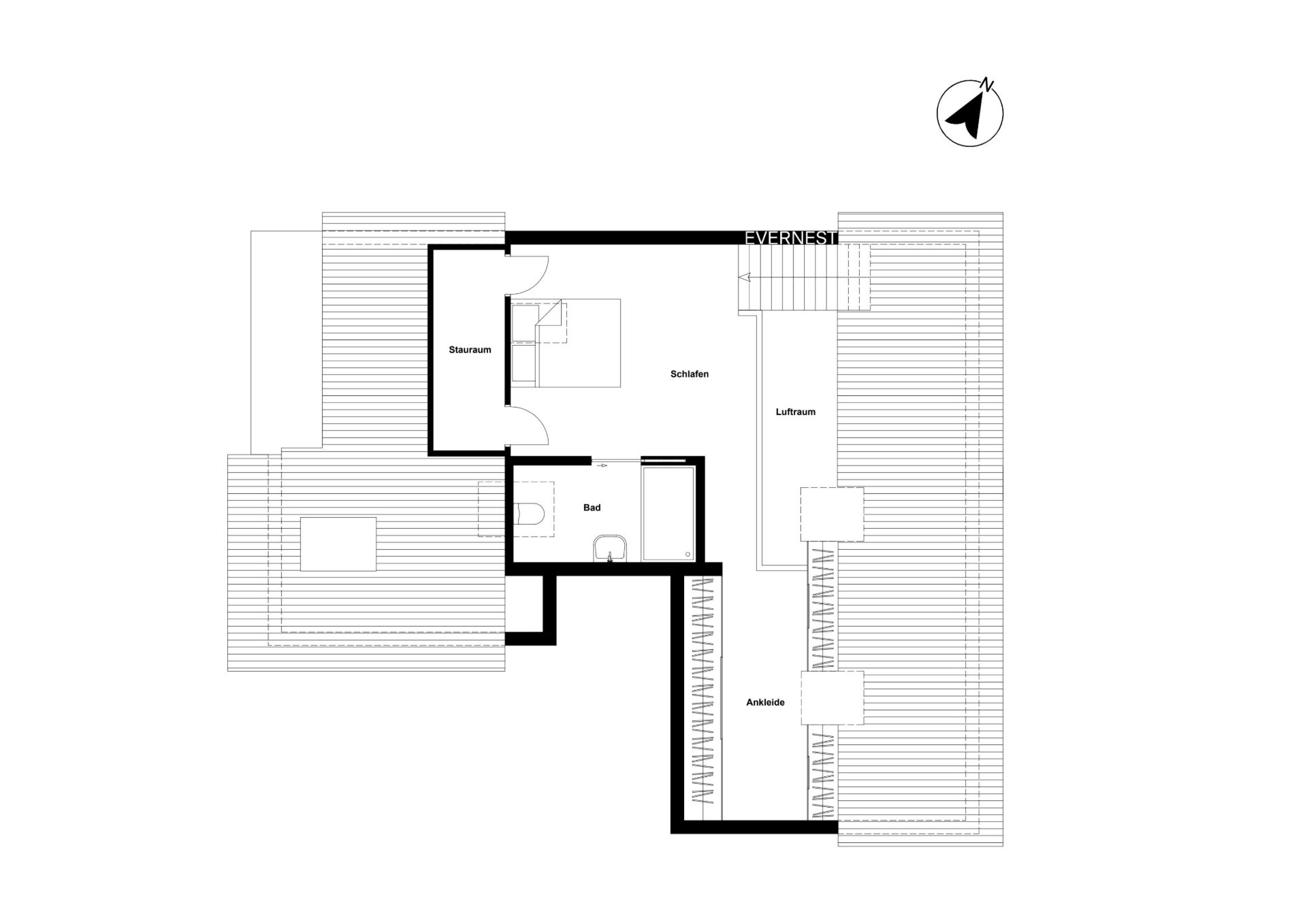 Grundriss mit Schlafzimmer, Bad, Stauraum, Ankleide und Luftraum.
