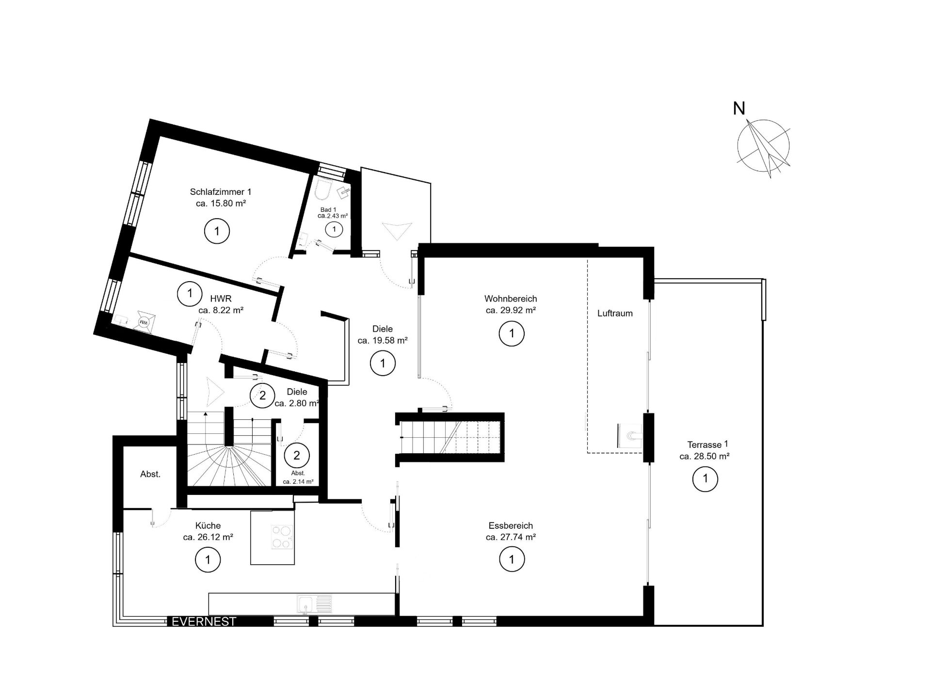 Grundriss eines Wohnhauses mit Schlafzimmer, Küche, Wohn- und Essbereich sowie Terrasse.