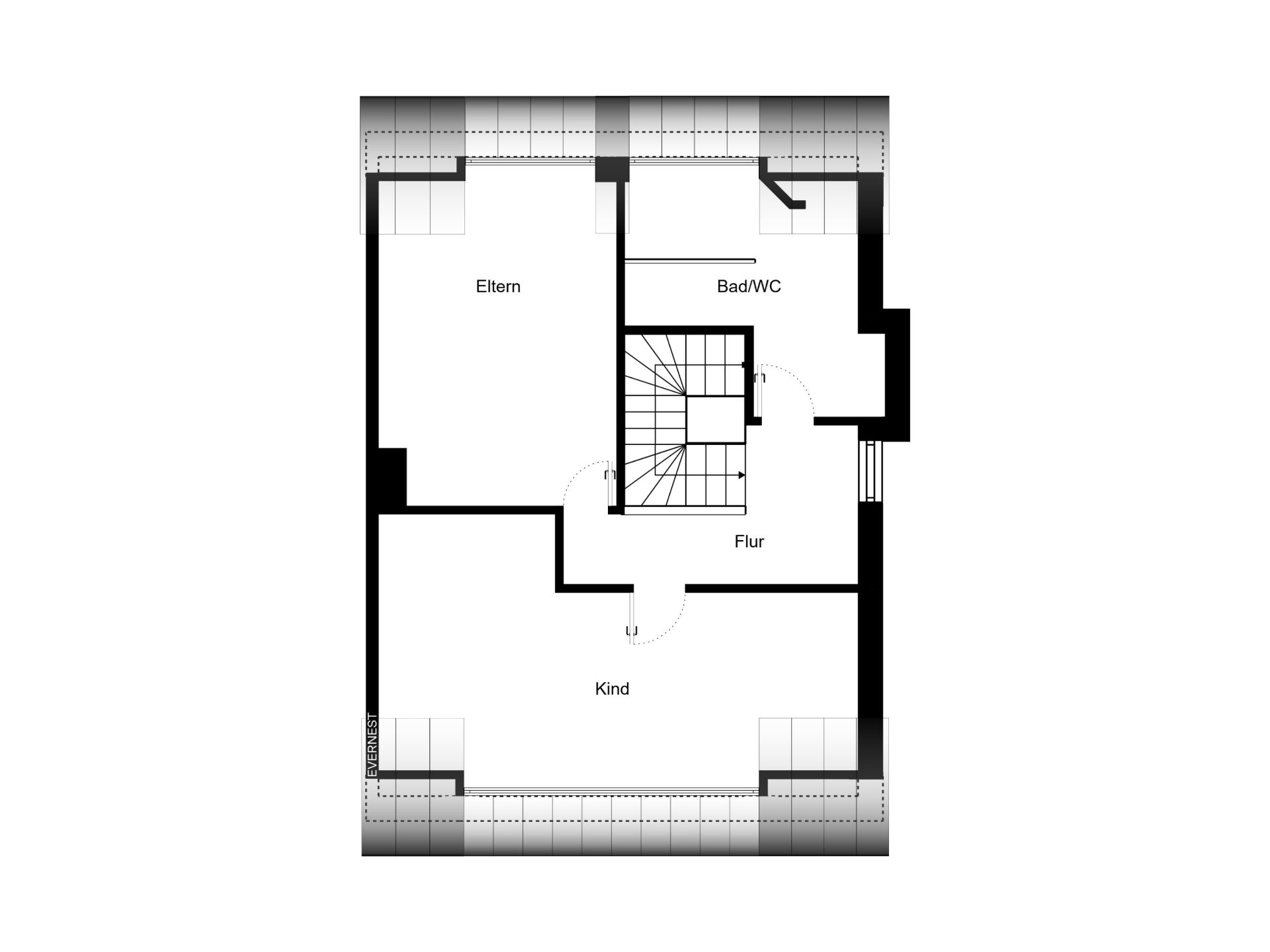 Grundriss zeigt Räume: Eltern, Kind, Bad/WC und Flur mit Treppe in der Mitte.