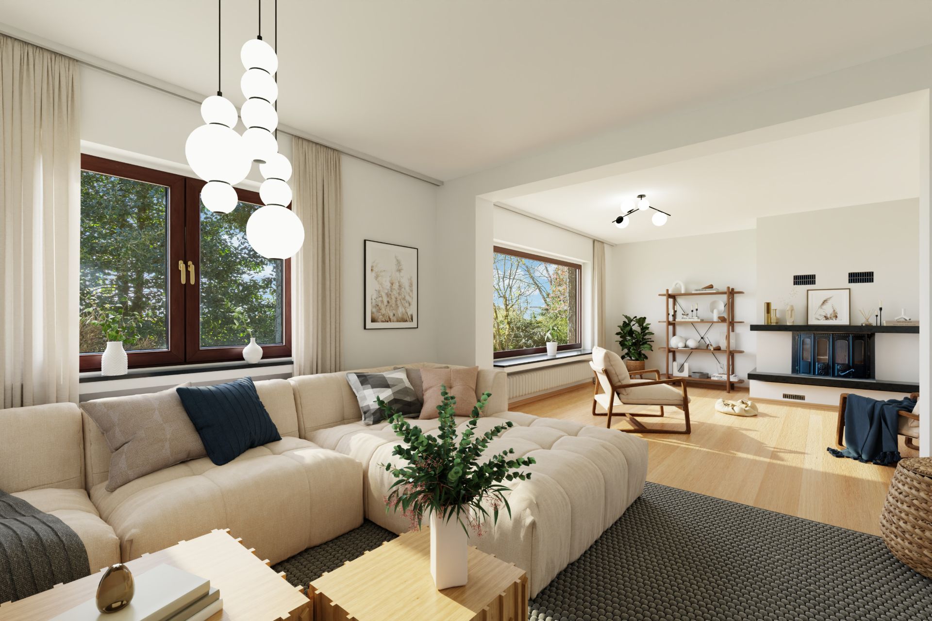 Helles Wohnzimmer mit großem Sofa, modernen Leuchten und Kamin. Große Fenster mit Blick ins Grüne.