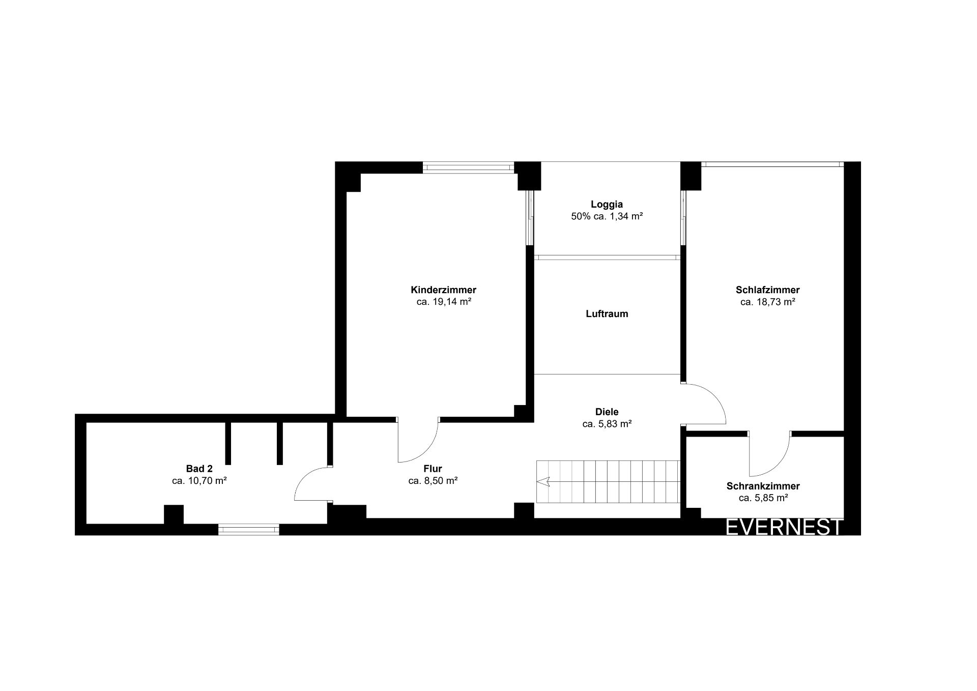 Grundriss mit Kinderzimmer, Schlafzimmer, Bad, Flur, Diele, Luftraum, Loggia und Schrankzimmer.