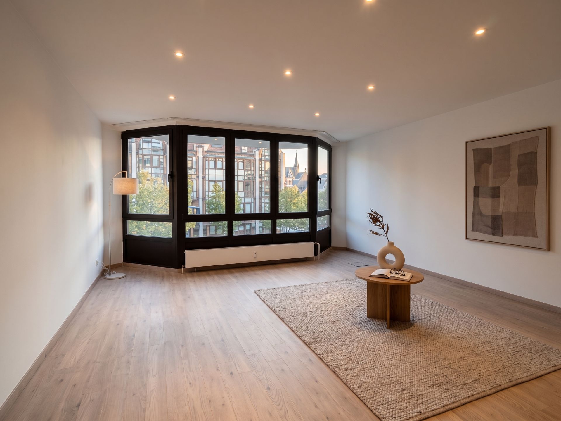 Helles Wohnzimmer mit großer Fensterfront, Holzfußboden, Teppich und kleinem Tisch mit Dekoration.