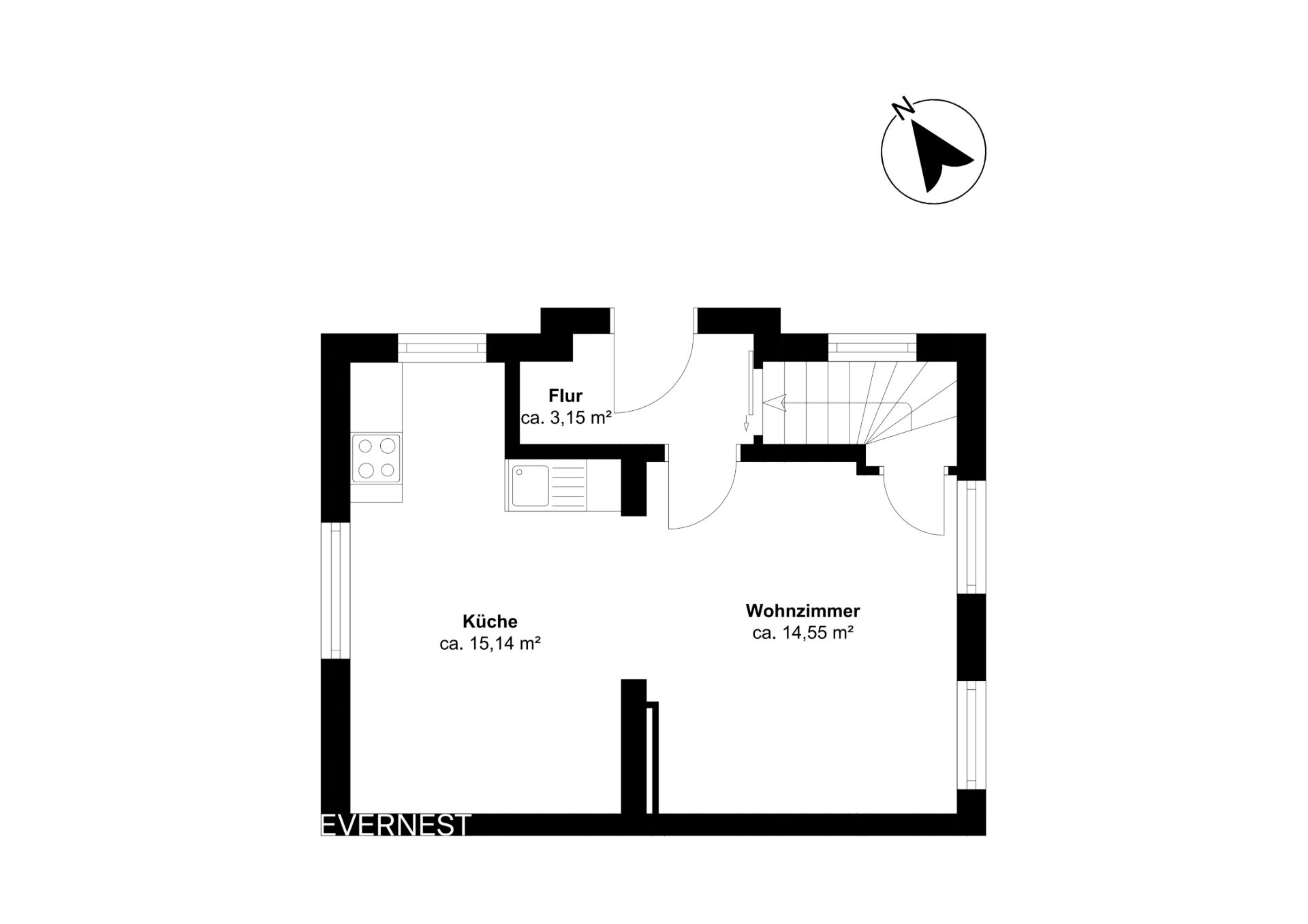 Grundriss mit Küche, Wohnzimmer und Flur, Fläche in Quadratmetern angegeben.