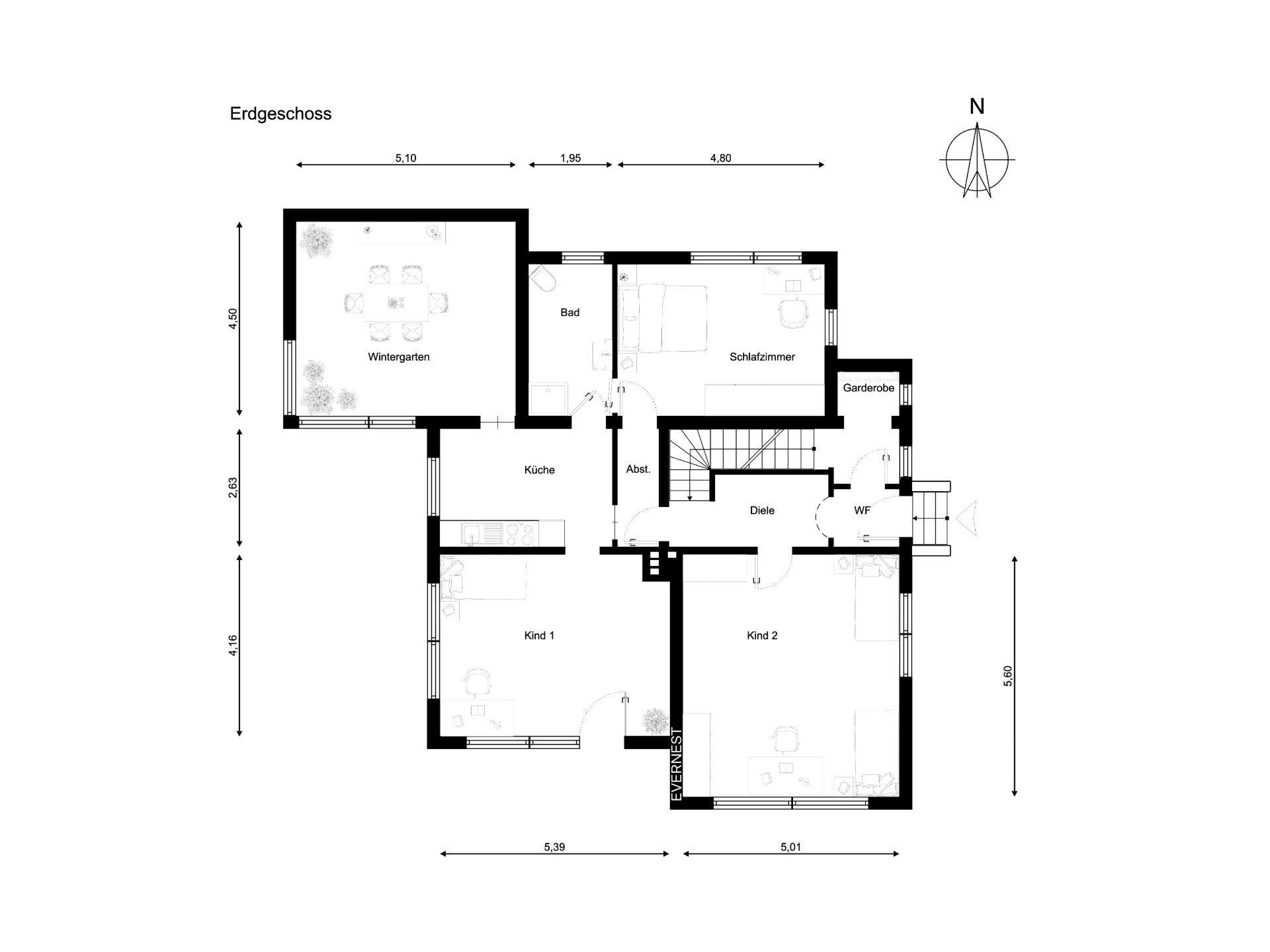 Grundriss des Erdgeschosses mit Wintergarten, Küche, Bad, Schlafzimmer und zwei Kinderzimmern.