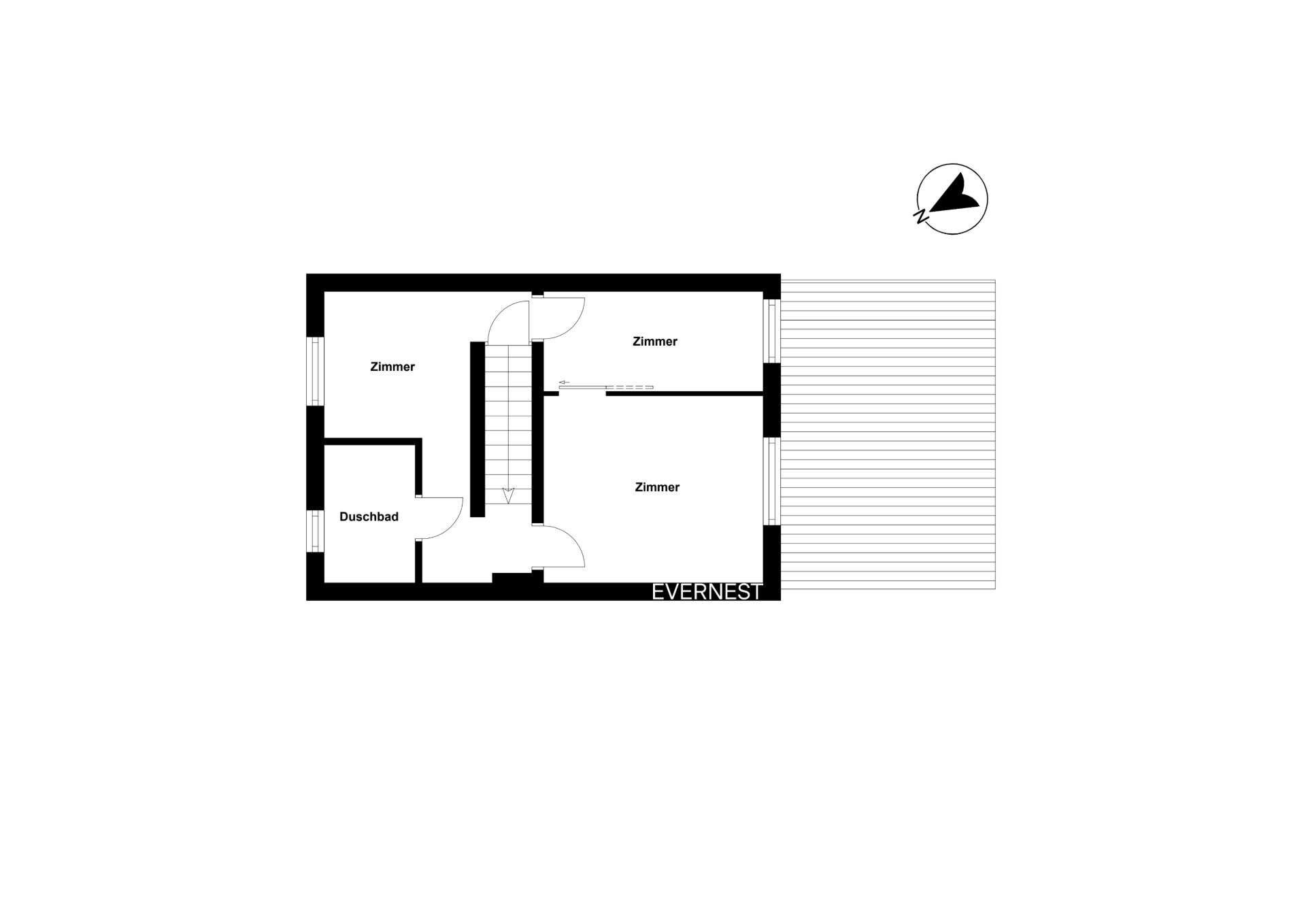 Grundriss mit drei Zimmern, Duschbad, Flur, Treppe und großer Terrasse.