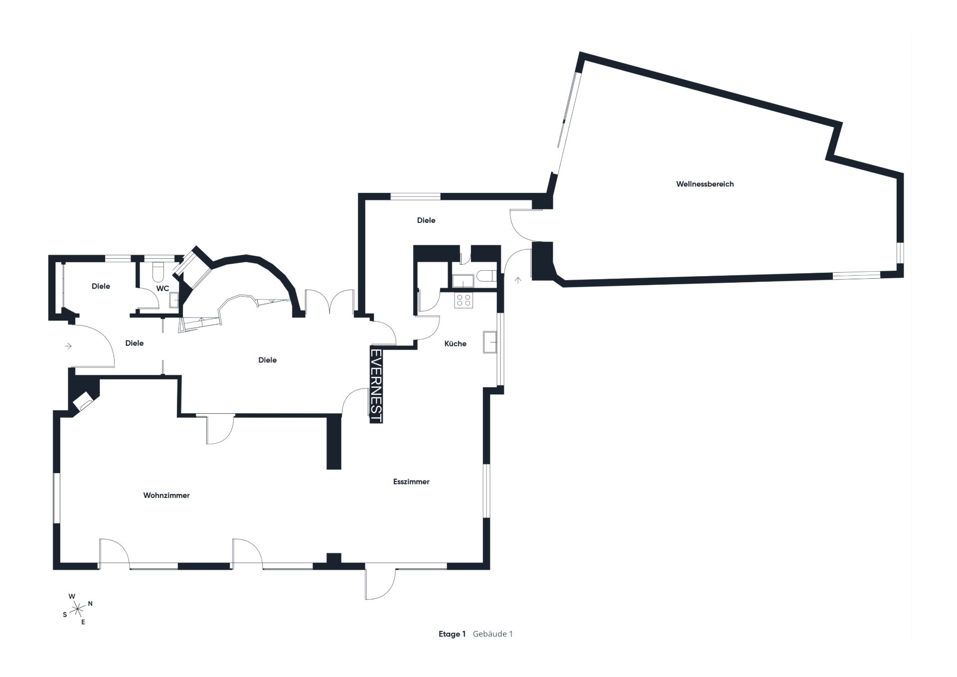 Grundriss einer Wohnung mit Wohnzimmer, Esszimmer, Küche, Diele, WC und Wellnessbereich.