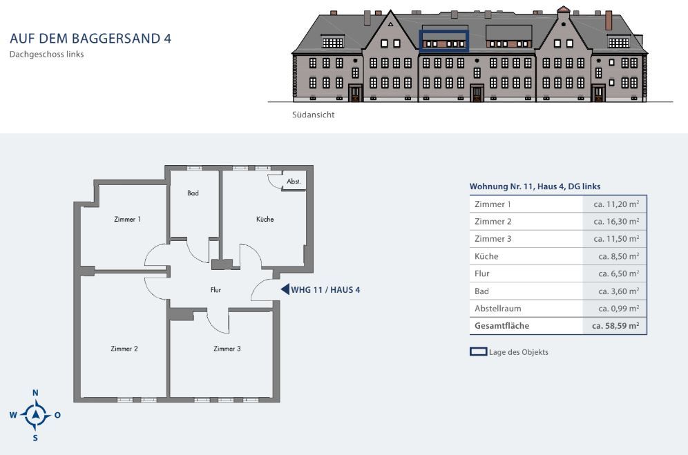 Grundriss einer Wohnung mit drei Zimmern, Küche, Bad, Abstellraum und Flur sowie Außenansicht des Gebäudes.