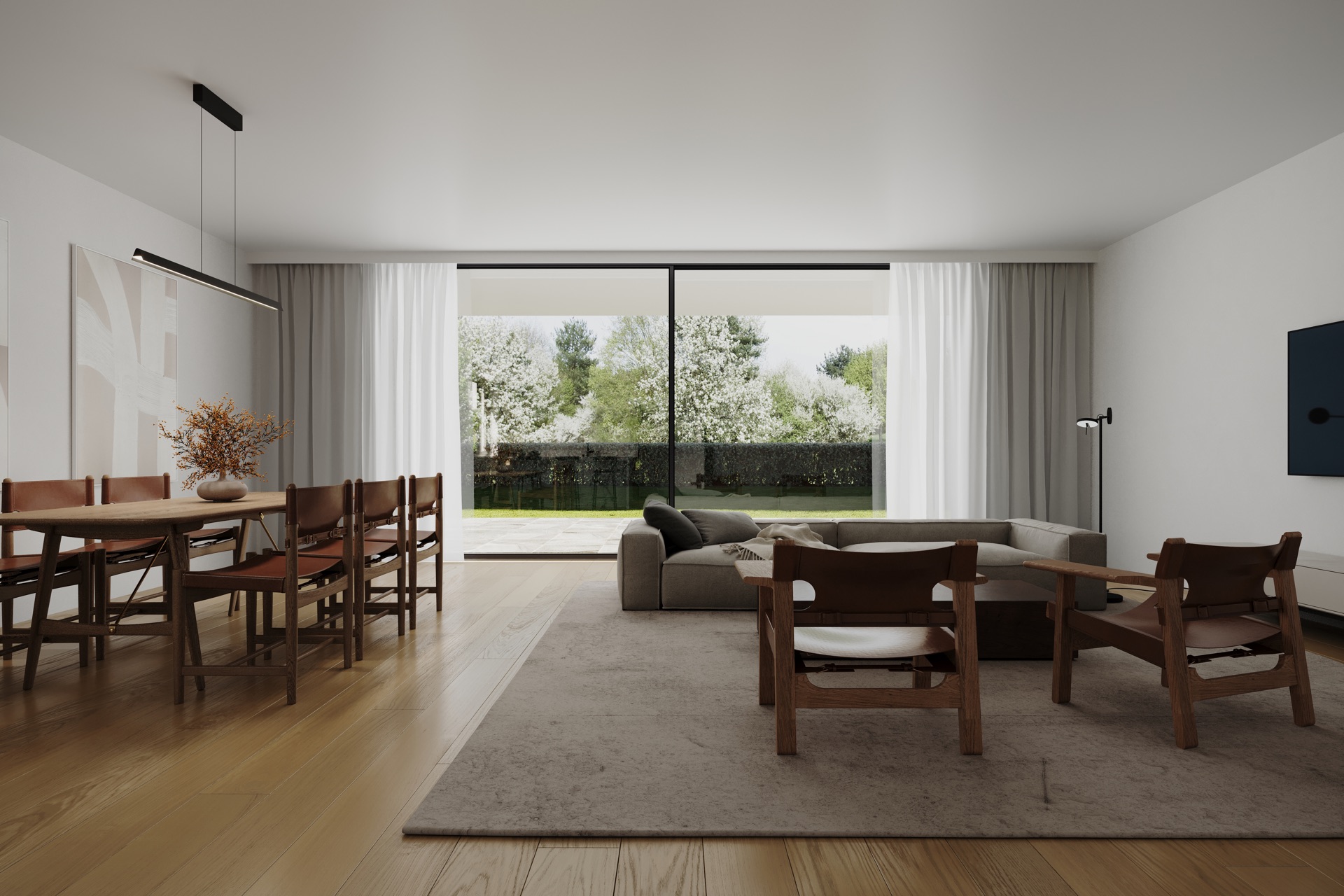 Modernes Wohnzimmer mit Esstisch, Sofa, Sesseln und großem Fenster zum Garten.