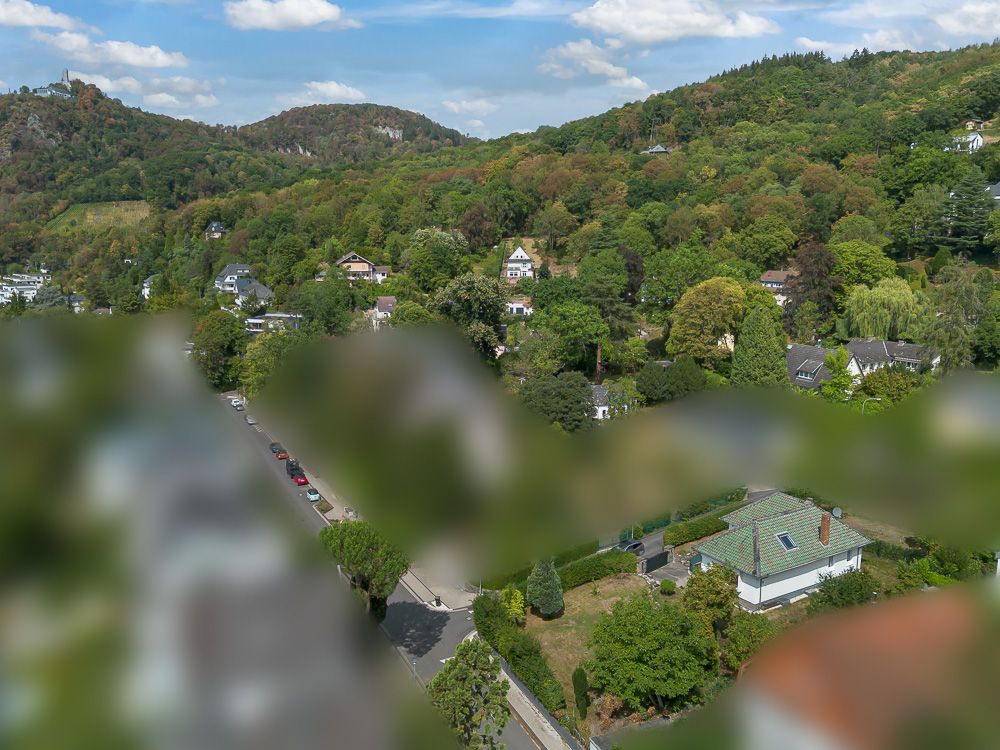 Blick auf eine Wohngegend mit Häusern und viel Grün vor einem bewaldeten Hügel.