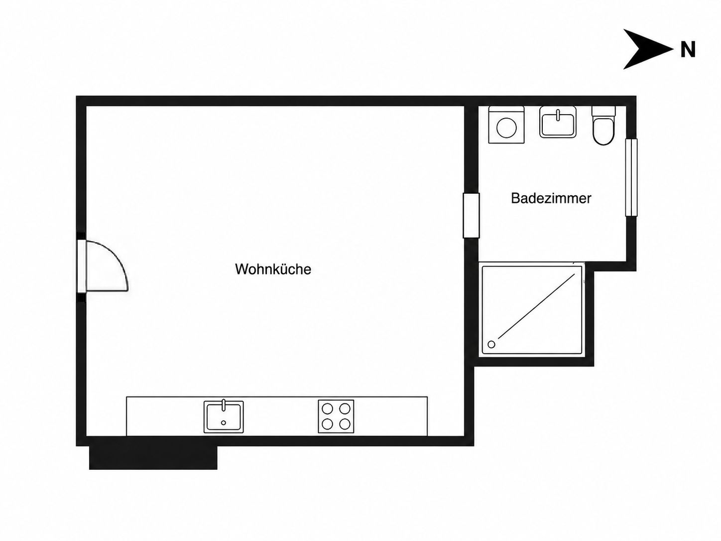 Grundriss mit Wohnküche und Badezimmer, Küchenecke und Duschbereich sind sichtbar.