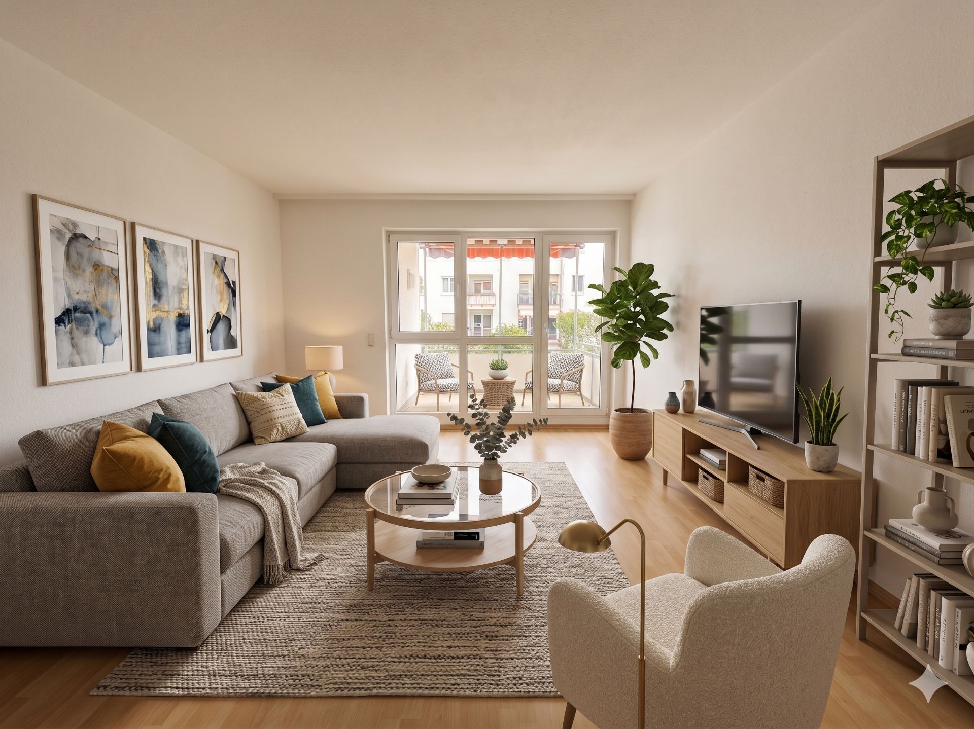 Helles Wohnzimmer mit Sofa, Sessel, Couchtisch, Fernseher, Regal und Balkonzugang.