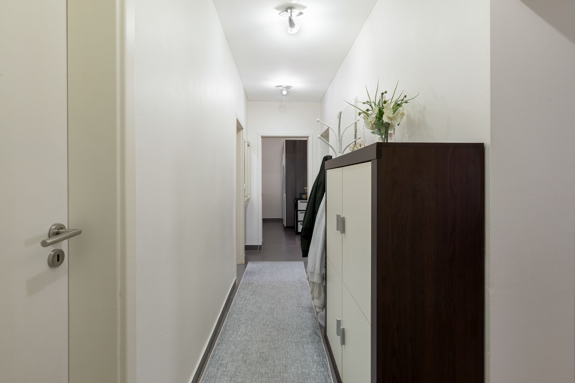 Heller Flur mit Teppichläufer, Schuhschrank, Garderobe und Blumen in einer Vase.