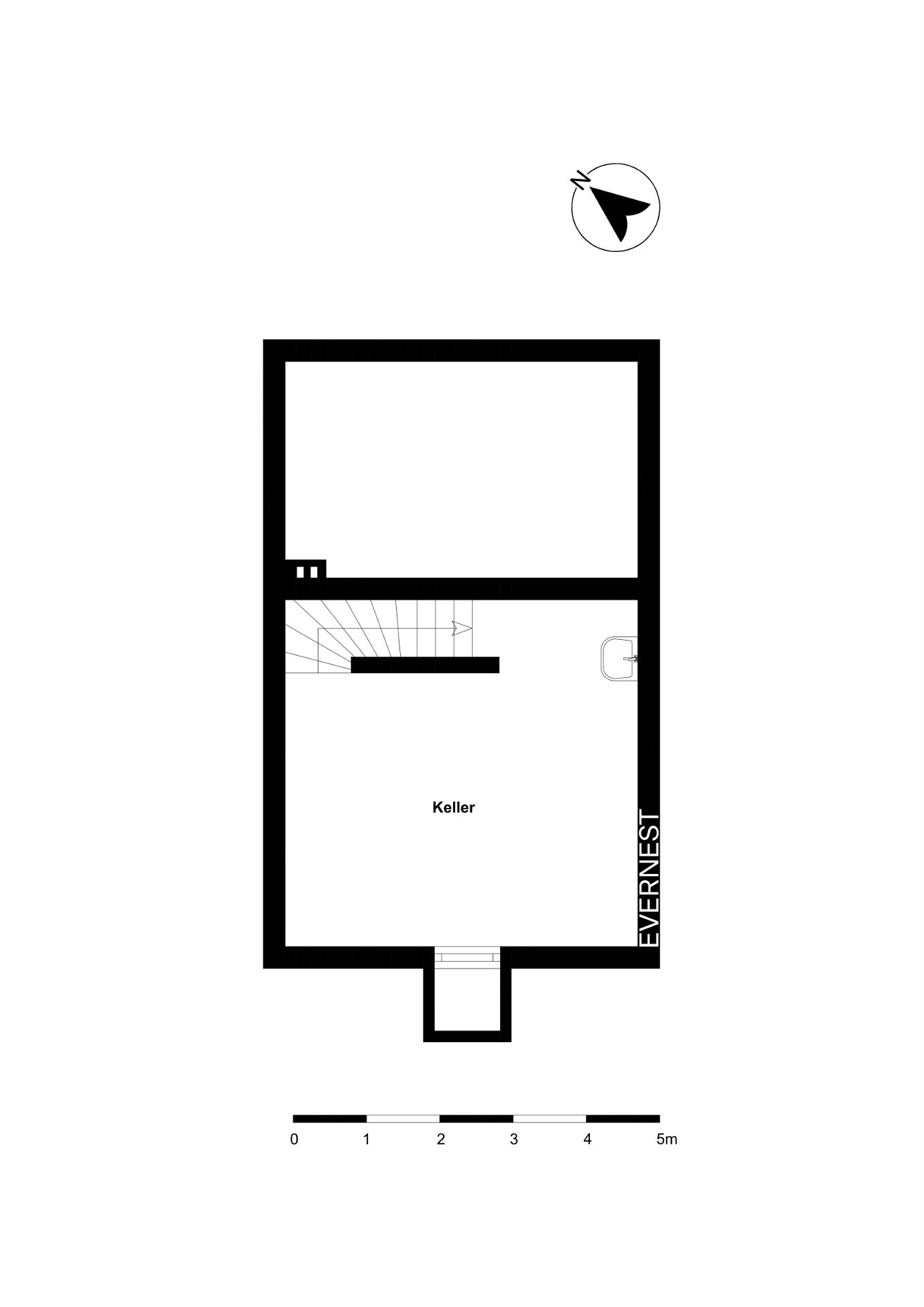 Grundriss eines Kellers mit Treppe und Waschbecken.