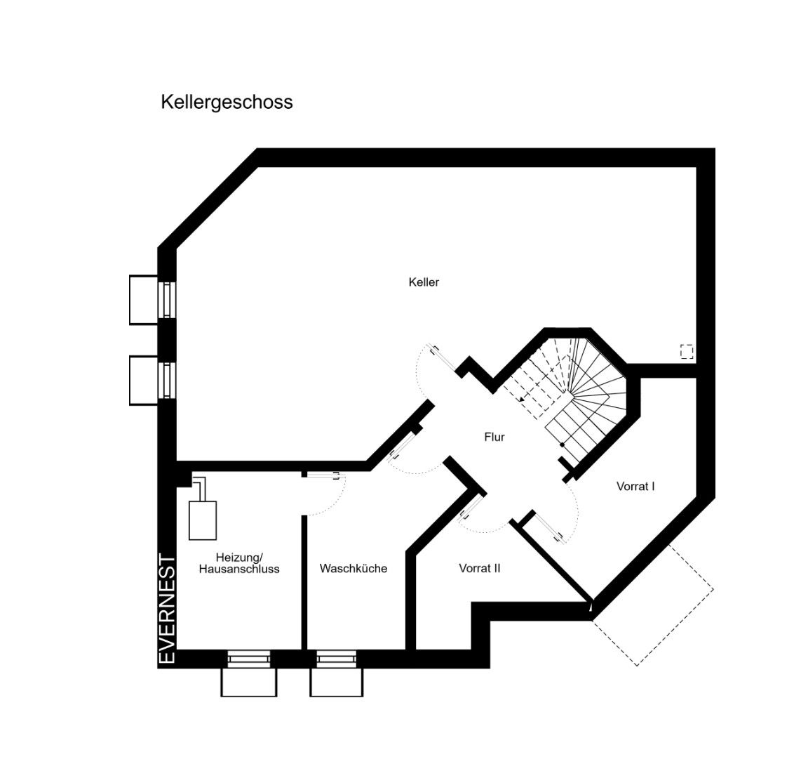 Grundriss eines Kellers mit Heizungsraum, Waschküche, zwei Vorratsräumen, Flur und Treppe.