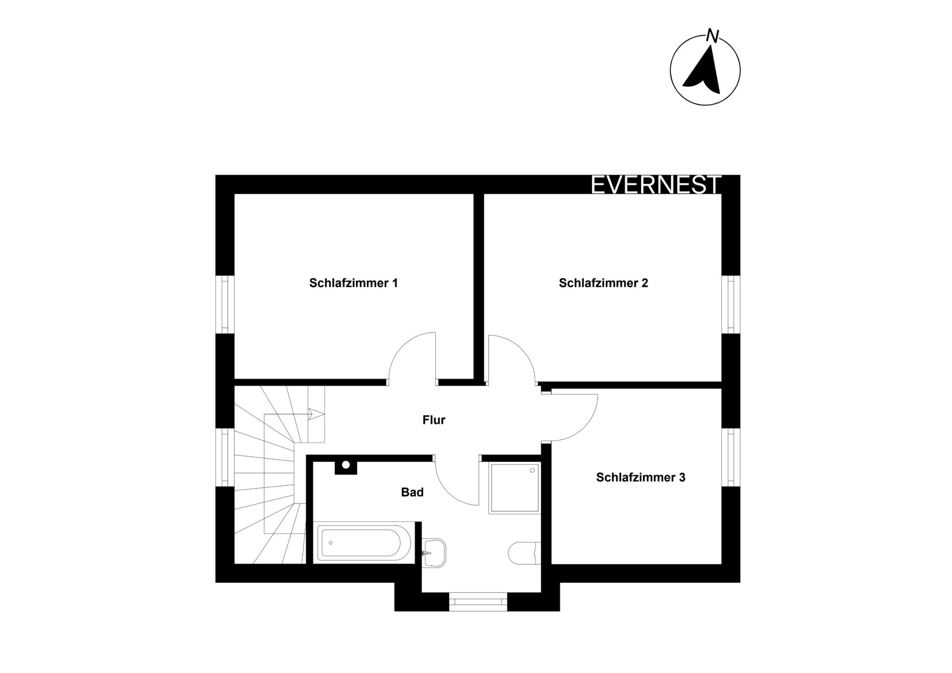 Grundriss mit drei Schlafzimmern, einem Flur, Treppe und einem Badezimmer.