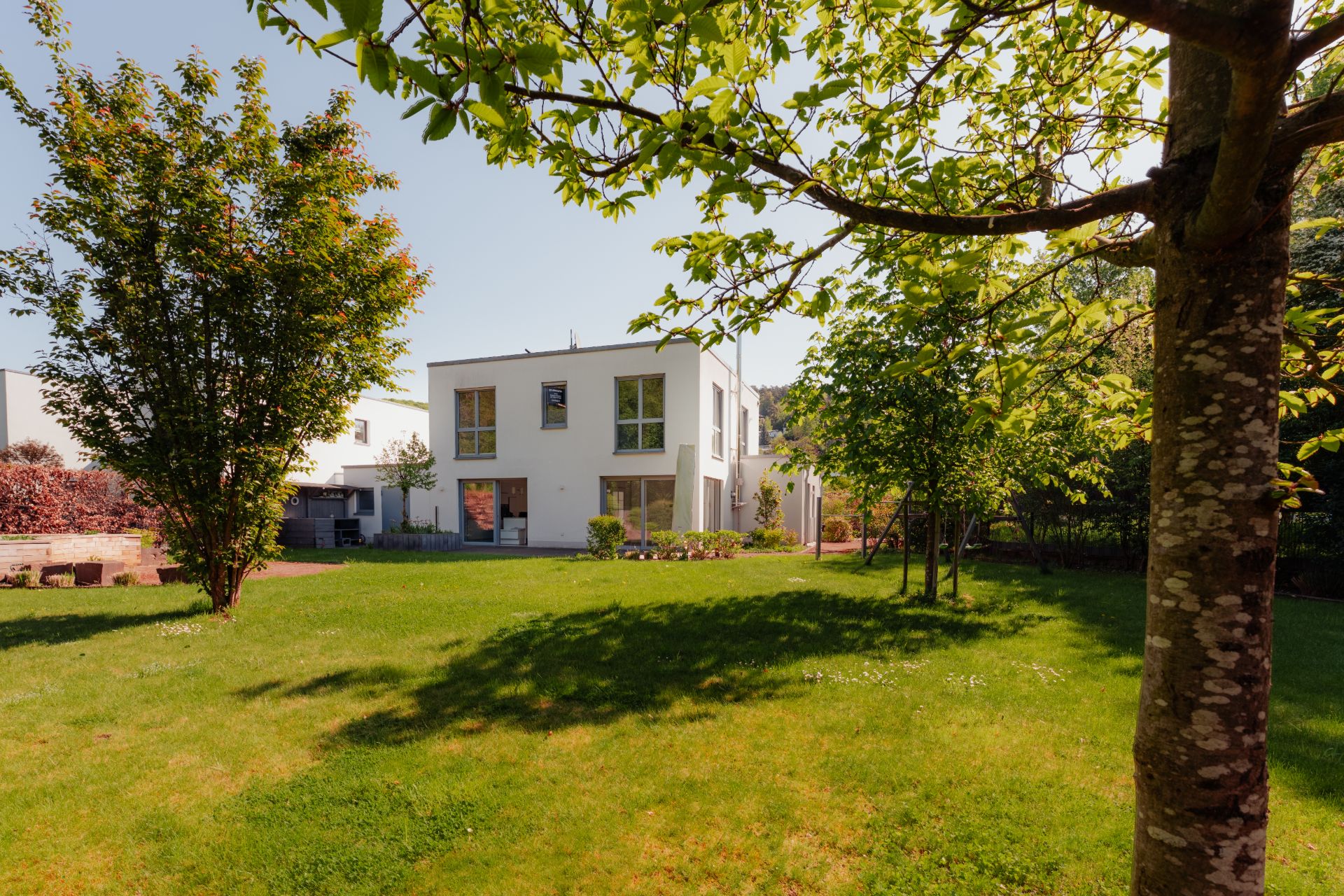 Modernes weißes Wohnhaus mit großen Fenstern und Garten, umgeben von Bäumen und Rasenfläche.