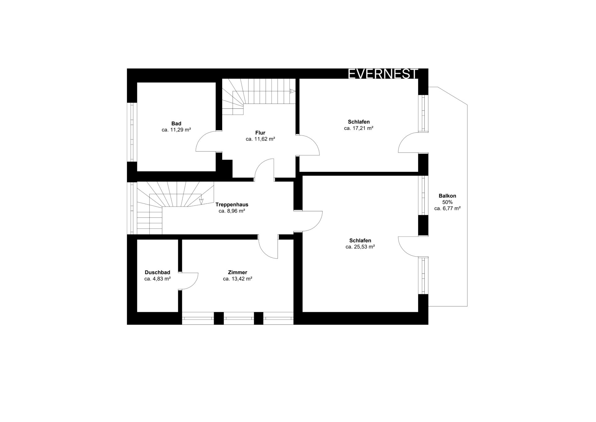 Grundriss einer Wohnung mit zwei Schlafzimmern, zwei Bädern, einem Zimmer, Flur, Treppenhaus und Balkon.