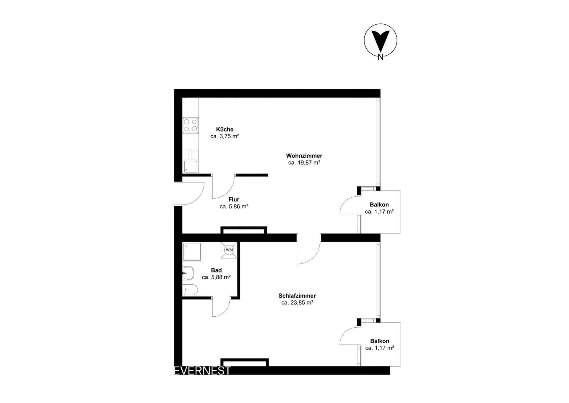Grundriss einer Wohnung mit Wohnzimmer, Schlafzimmer, Küche, Bad, Flur und zwei Balkonen.