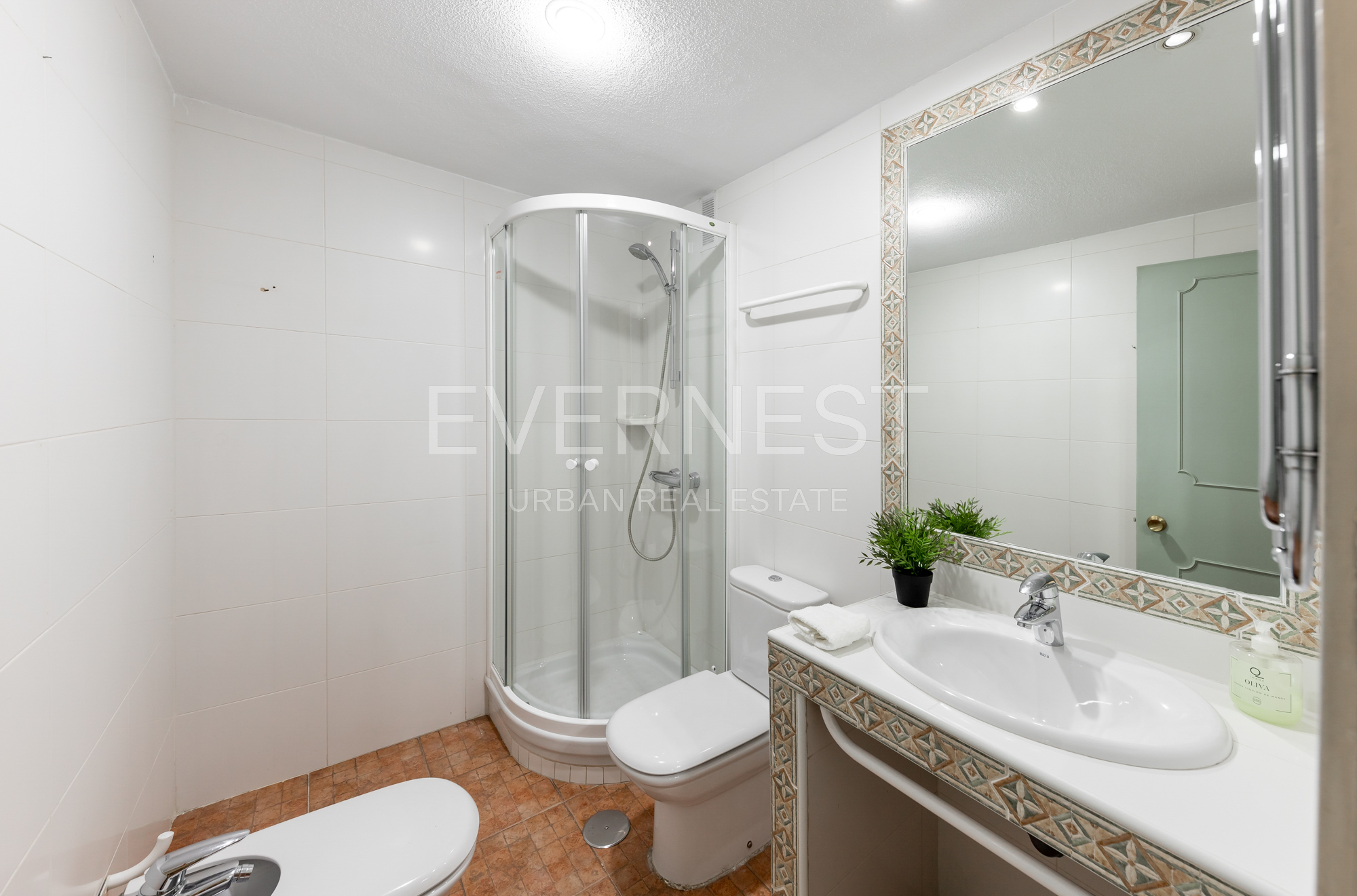 Helles Badezimmer mit Dusche, WC, Waschbecken, großem Spiegel und Pflanze auf der Ablage.